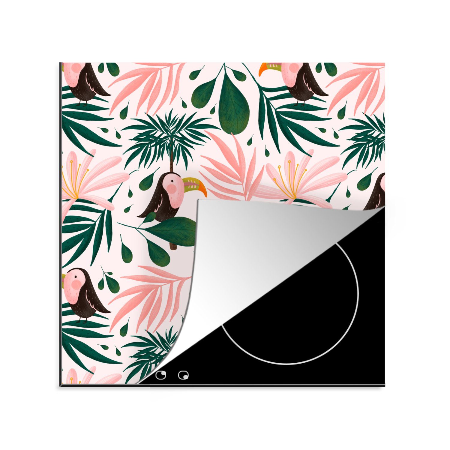 MuchoWow Herdblende-/Abdeckplatte Tukan - Blätter - Rosa, Vinyl, (1 tlg), 78x78 cm, Ceranfeldabdeckung, Arbeitsplatte für küche | Herdabdeckplatten