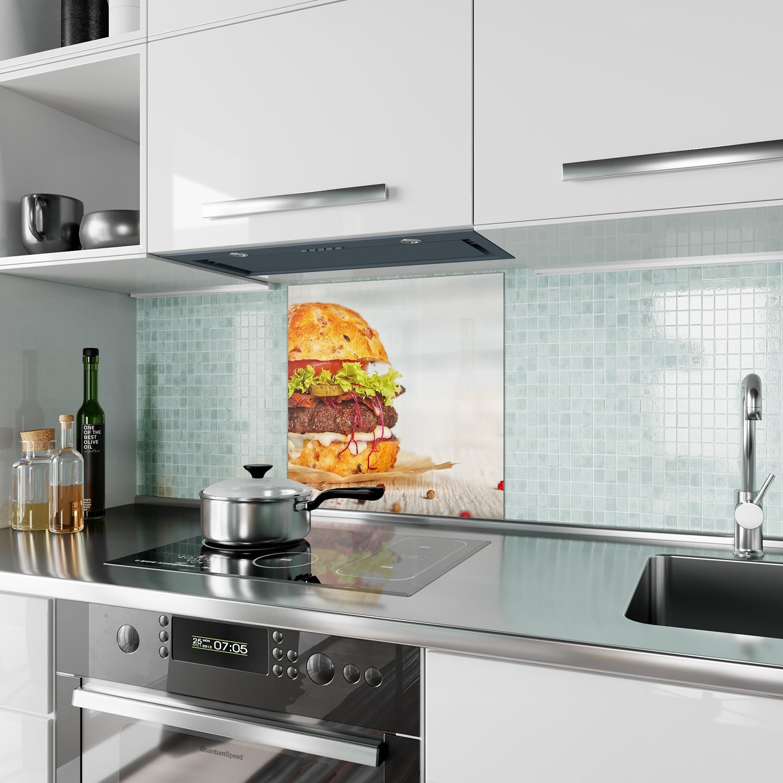 mit Motiv platziert Spritzschutz Küchenrückwand Burger Küchenrückwand schön Glas Primedeco