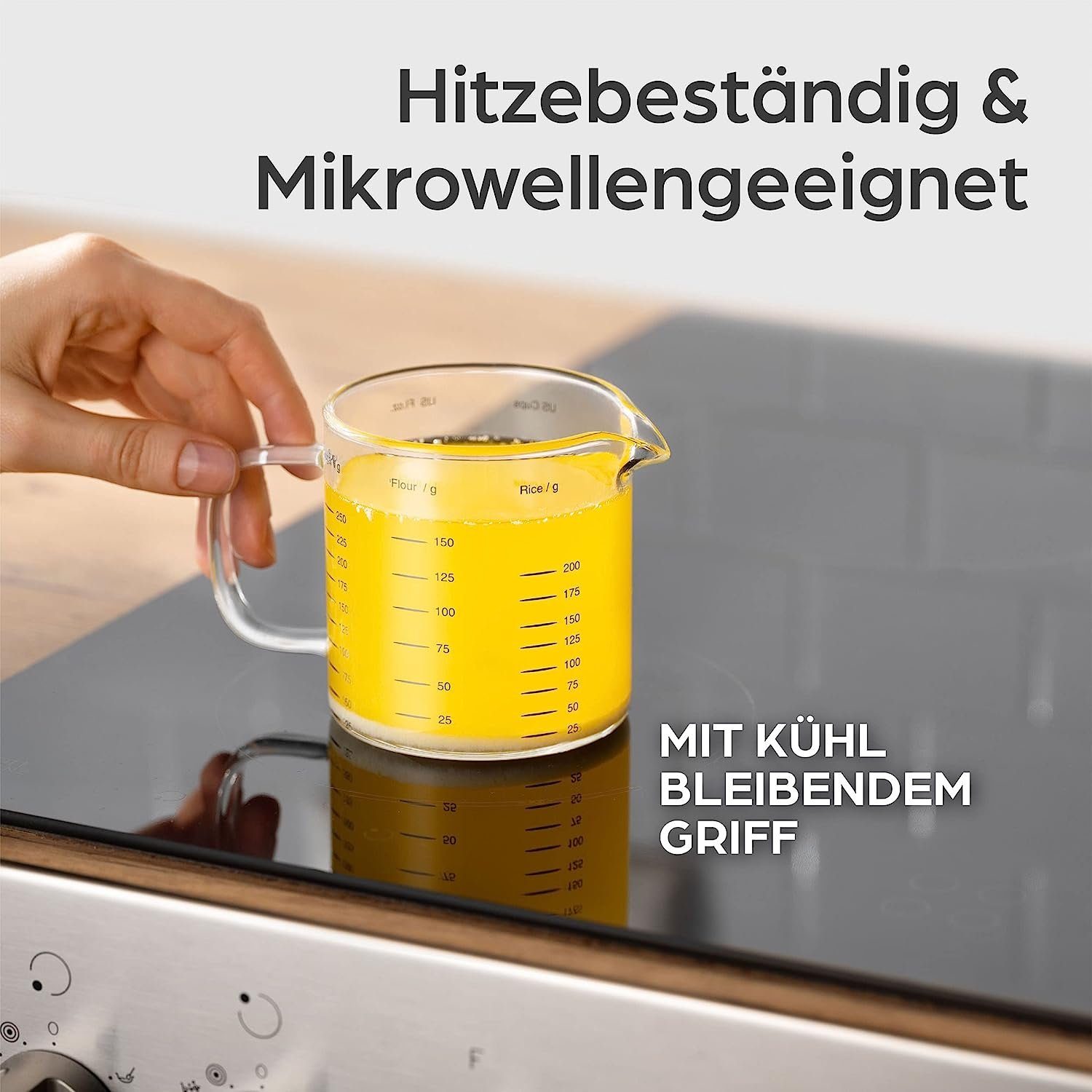 Praknu Messbecher Glas Messbecher mit Ausguss - 50ml, 125ml, 250ml - Präzise Skala, Borosilikatglas, (Set)