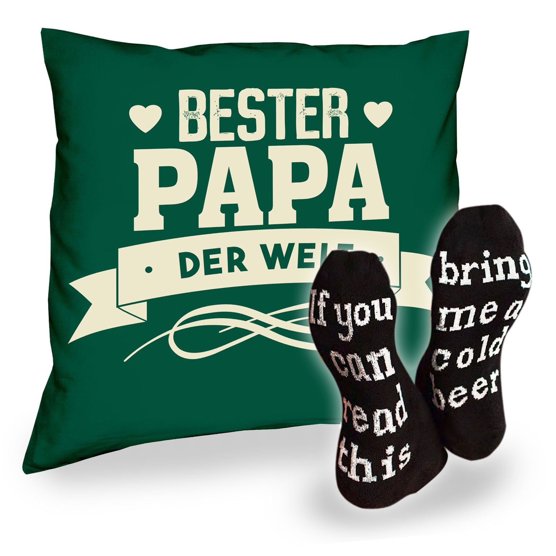 Soreso® Dekokissen Kissen Bester Papa Vatertag Bier Weihnachten Socken mit Welt und dunkelgrün Geburstag Spruch, der Geschenk