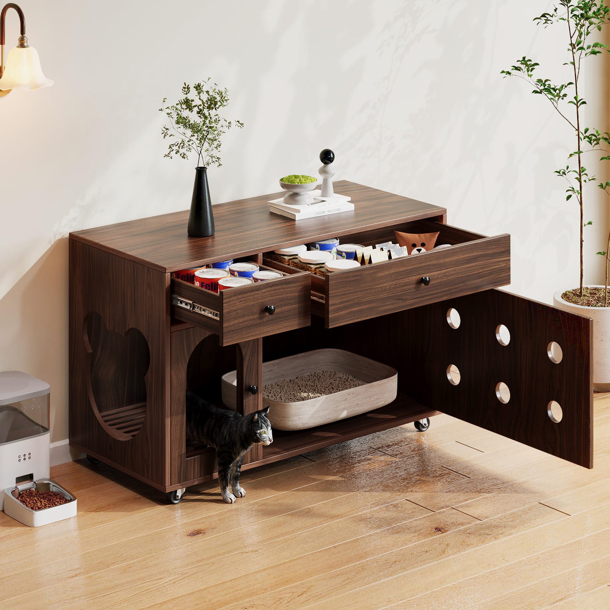 STILVORA Sideboard mit 2 Schubladen,Katzenkloschrank Katzenhaus mit Rollen, günstig online kaufen