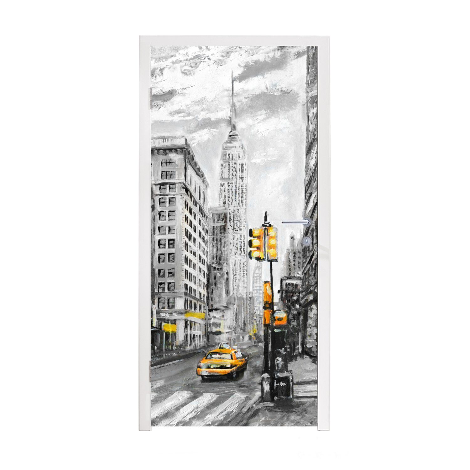 MuchoWow Türtapete Malerei - Stadt - Auto - Gelb, Matt, bedruckt, (1 St), Selbstklebende Tapete, Folie für Möbel, 75x205 cm