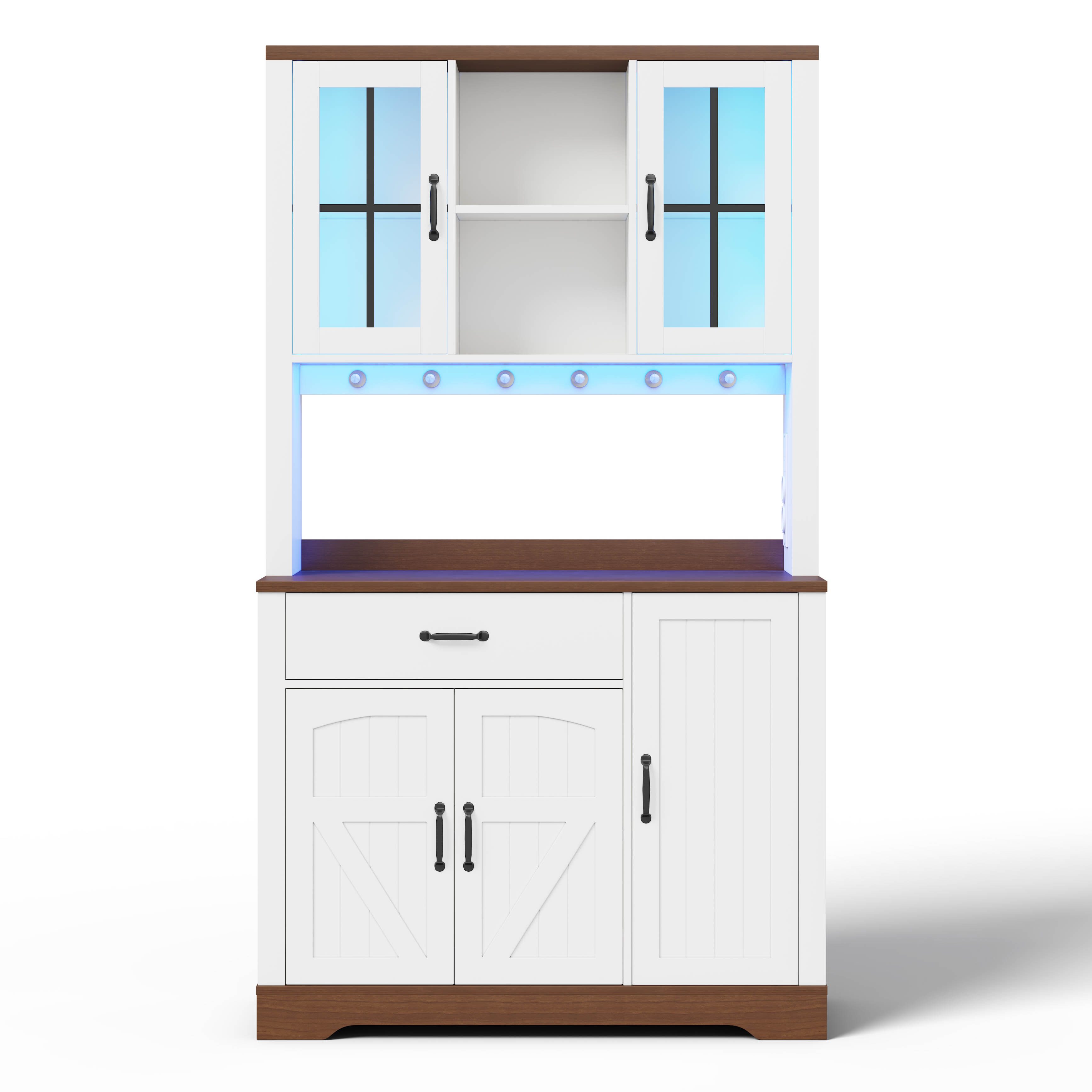 Flieks Küchenbuffet mit Arbeitsplatte in Walnussholzfarbe, Steckdosen und LED-Beleuchtung (1-St., B105/T40/H185 cm) Hochschrank Küchenschrank mit verstellbaren Einlegeböden Weiß