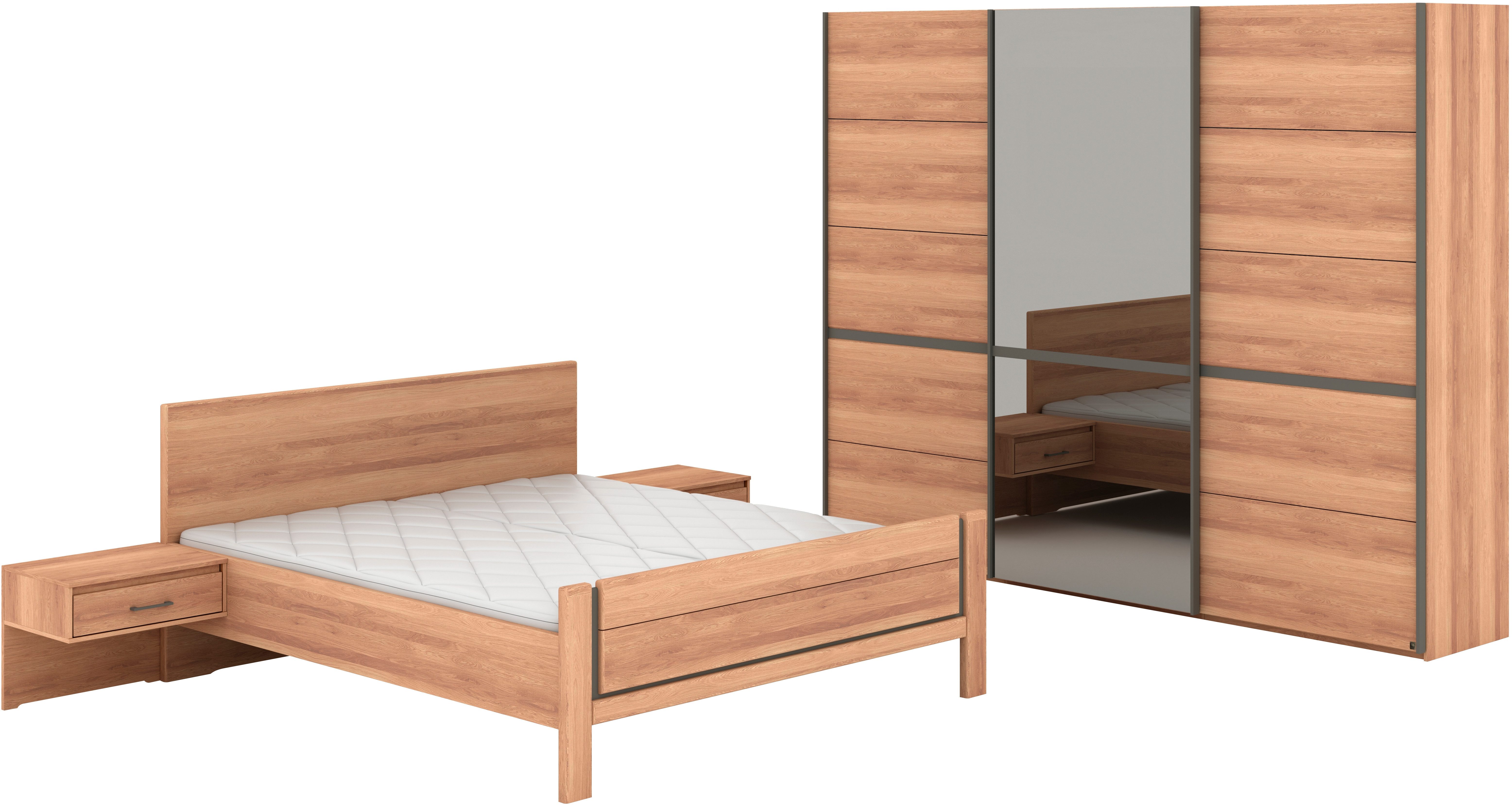 Musterring Schlafzimmer-Set Sorrent, Kleiderschrank, Bett & Nachtkommoden, teilmassiv Eiche, (2er-Set Nachtschränke, Schwebetürenschrank 300 cm, Bett 180x200 cm), mit Schwebetürenschrank, Bett mit Stollenfuß, Breite Schrank 300 cm