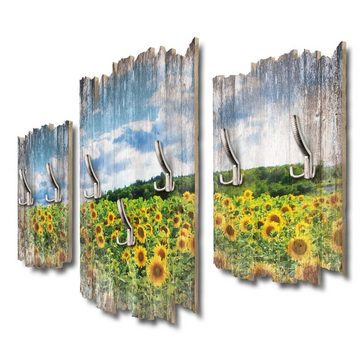 Kreative Feder Wandgarderobe Sonnenblumenfeld, Dreiteilige Wandgarderobe aus Holz