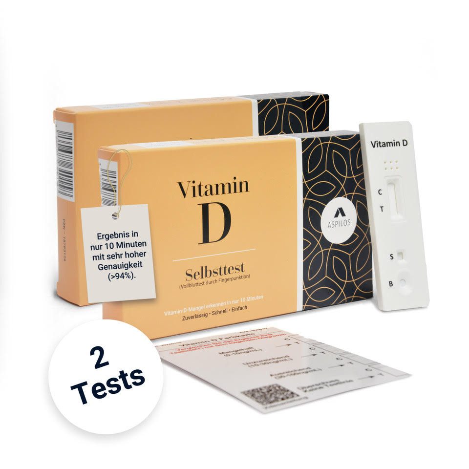 ASPILOS Hämoglobin-Schnelltest Vitamin D Mangel Selbsttest für Zuhause in 10 Minuten, Bluttest, selbst durchführbar, 25-Hydroxy-Vitamin D, 2-tlg., Schnelltest bei Müdigkeit & Erschöpfung, medizinischer Test