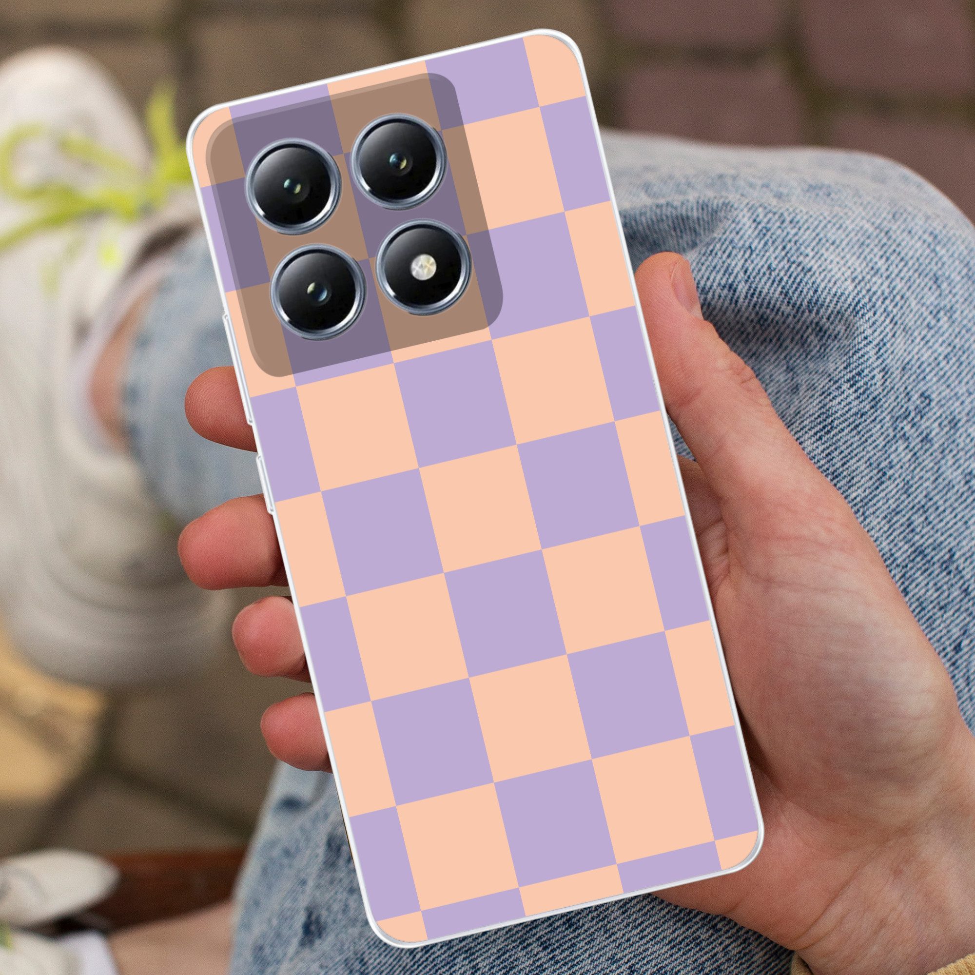 MuchoWow Handyhülle für Xiaomi 14T Schachbrettmuster - Lila - Rosa - Würfel, Handy Case, Silikon, Bumper Case Dünn