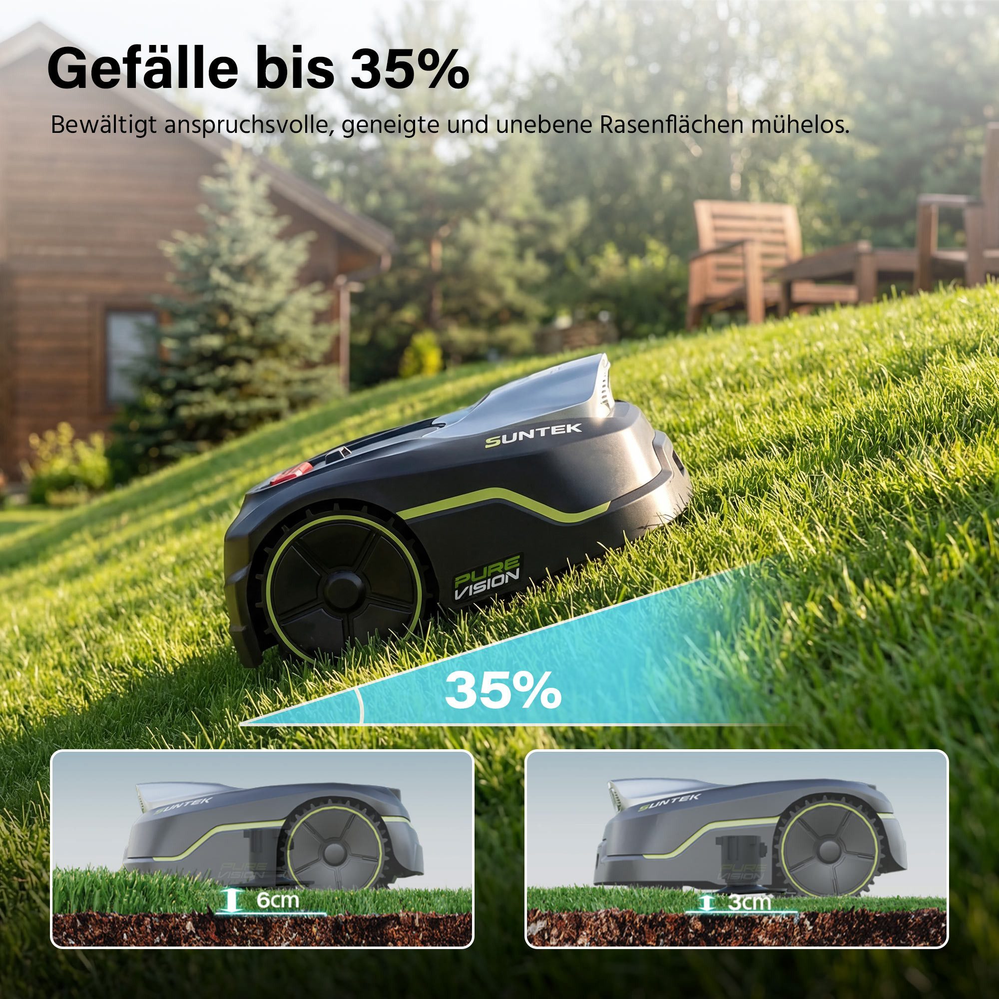 SUNTEK Rasenmähroboter Pure Vision Mähroboter ohne Begrenzungskabel, bis 500 m² Rasenfläche, (1-St), App, 35% Steigung – Bild 4 von 5