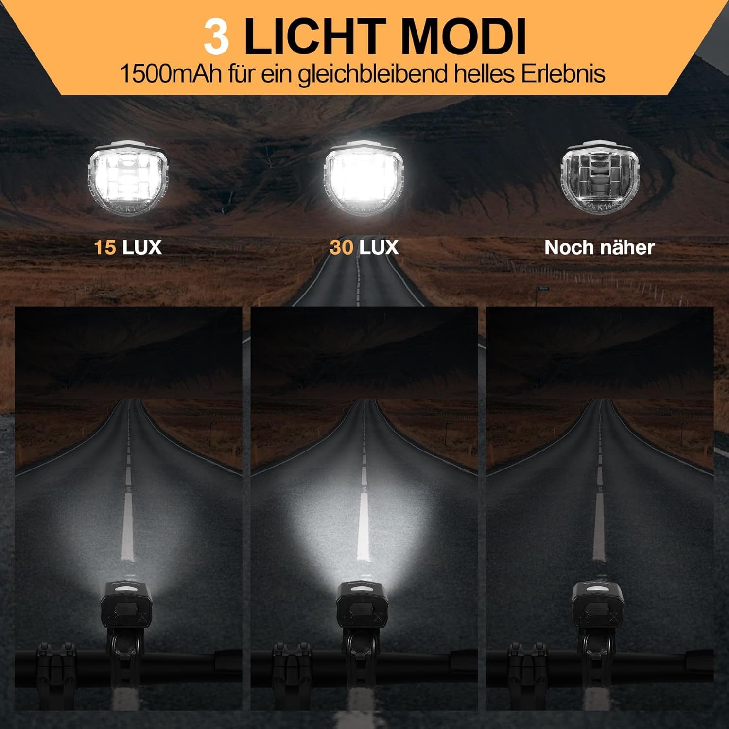 POPOLIC Fahrradbeleuchtung Fahrradlicht Set LED StVZO-30/15 LUX Fahrradbeleuchtung Set, 360° Beleuchtung-IPX4 Wasserdicht mit USB Akku Fahrradlampe