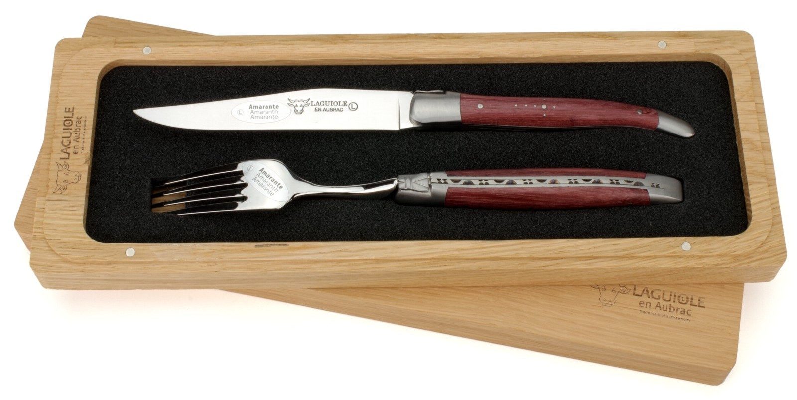 Laguiole en Aubrac Steakbesteck 1CF99ATI, 1 Messer / 1 Gabel - Griff Amaranth - Backen matt - Stahl glänzend