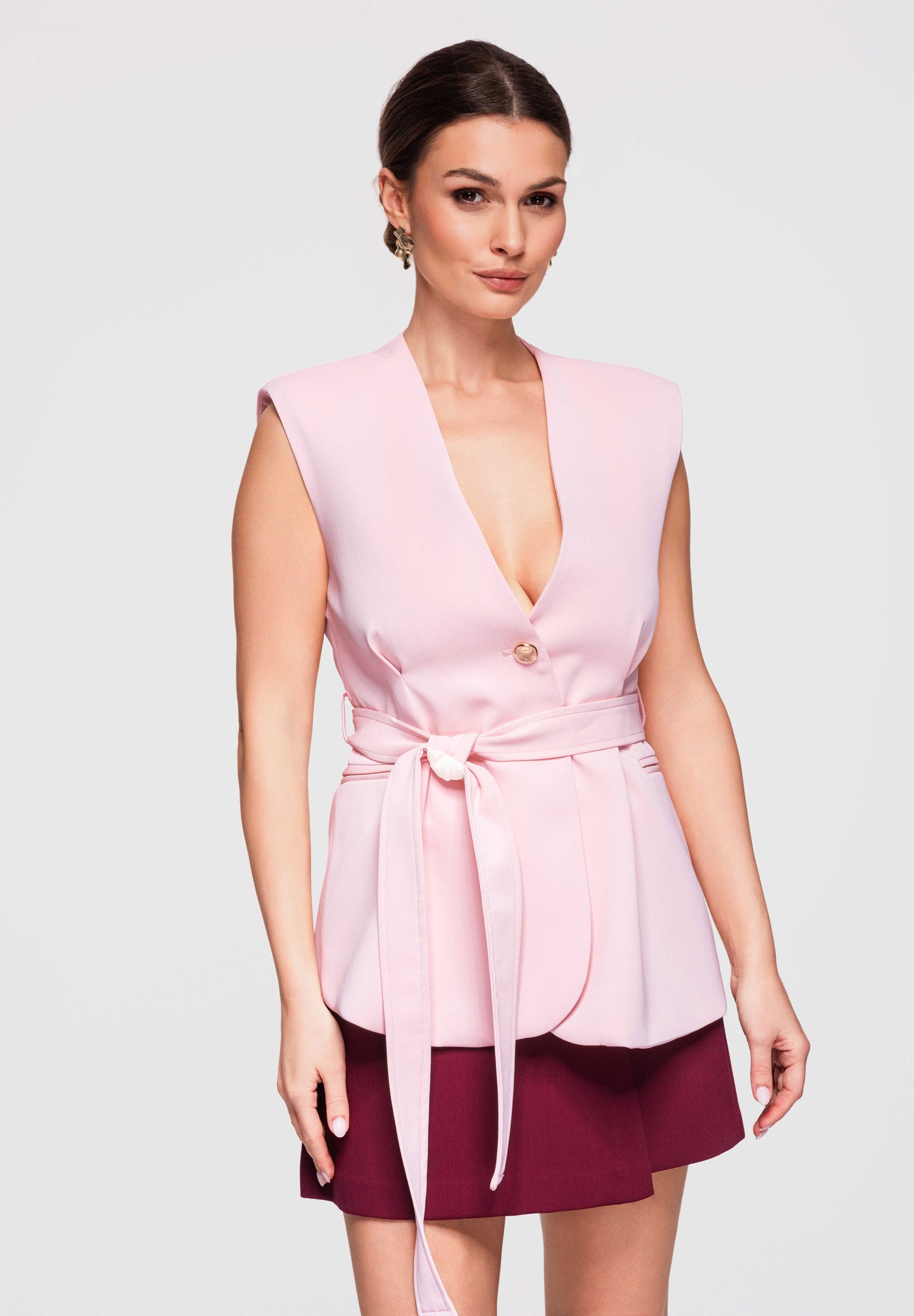 OMBRE Longweste Damen Taillierte Weste mit ausgestelltem Saum Elegant Pink M (kein Set, 1-tlg) Taillierter Schnitt mit ausgestelltem Saum, Gürtel