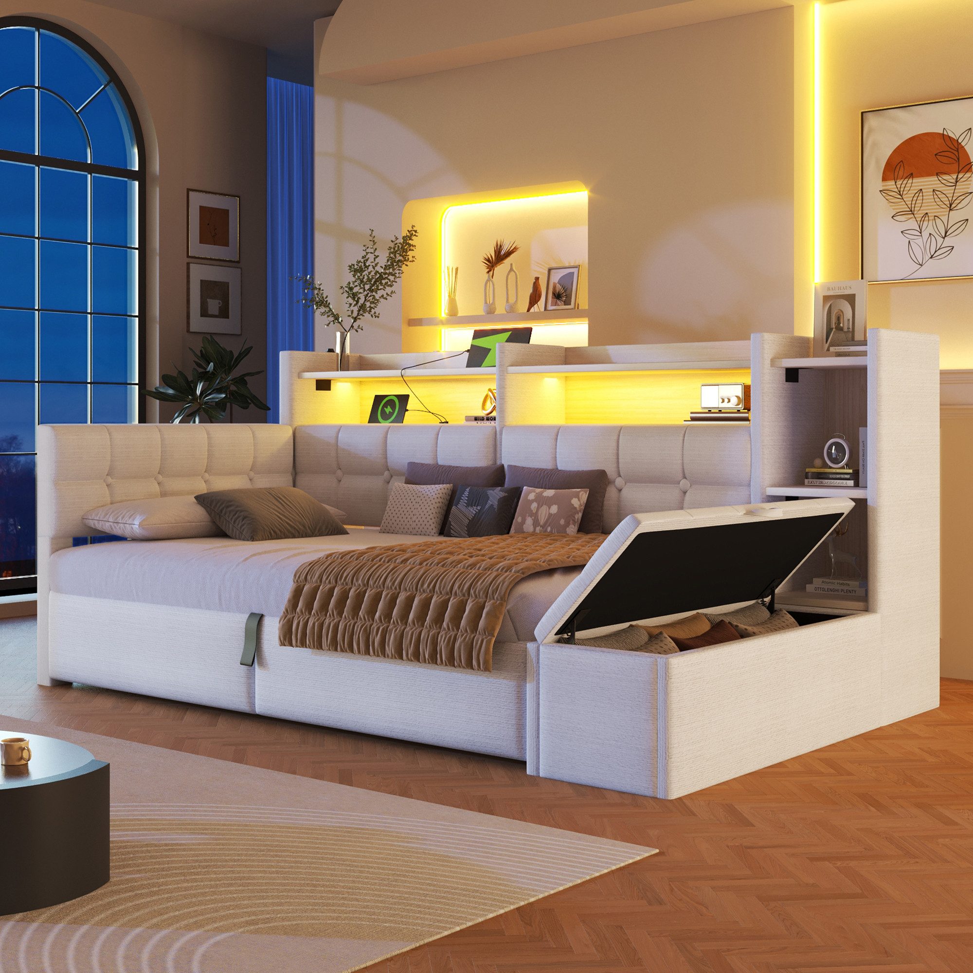 Merax Daybett mit LED Lichtleiste, USB, Typ-C & Bettkasten, Samt (Schlafsofa Sofabett Jugendbett Kinderbett Einzelbett, 1 tlg), Tagesbett 90x200cm mit hydraulischem Stauraum,Ablagefach,Stauraumbank