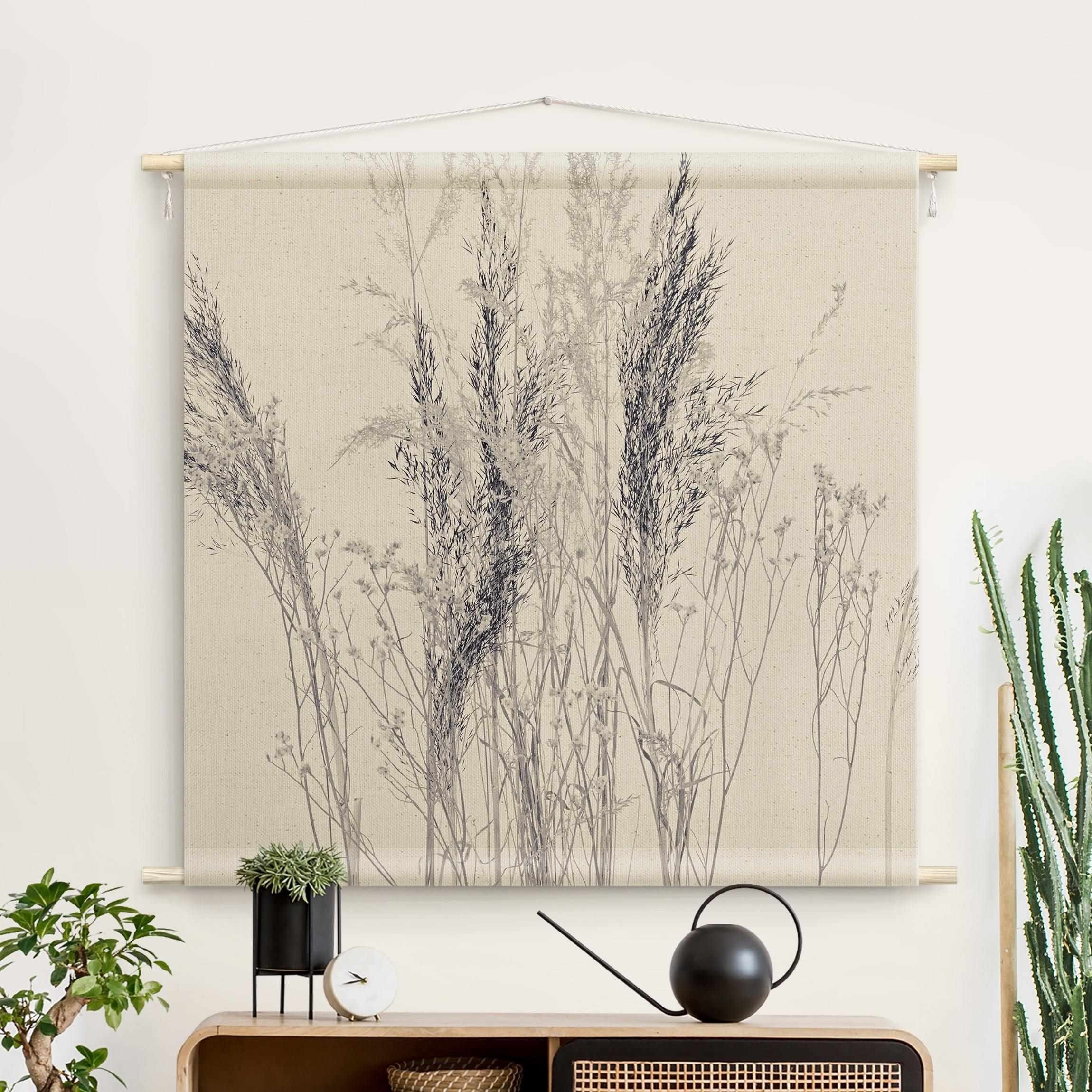 Bilderdepot24 Wandteppich modern Landhaus Gräser grau, quadratisch, Höhe: 2.6 mm, großes Wandbild aus Natur-Baumwolle Wandbehang Stoffbild Tuch Wollseil