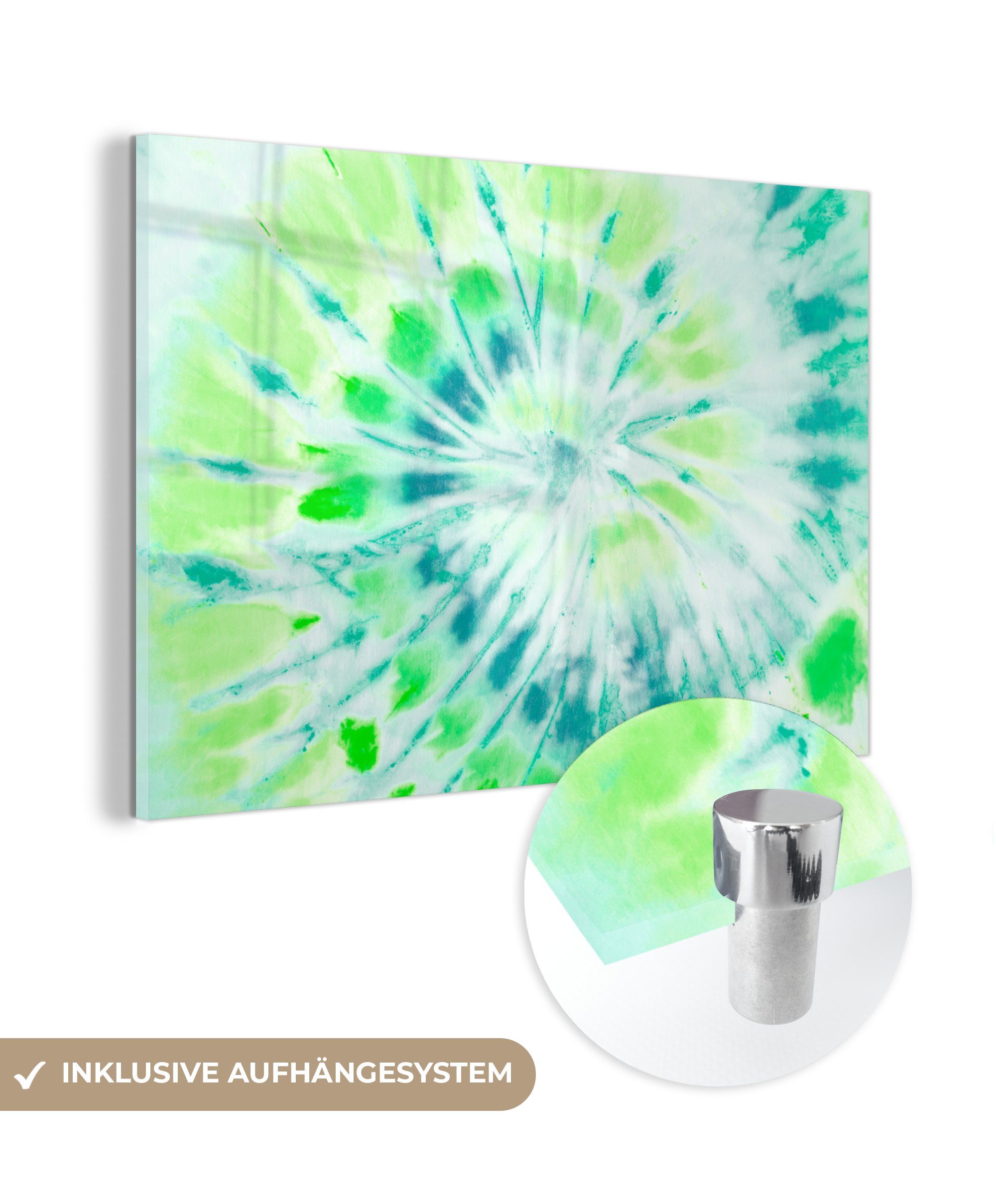 MuchoWow Acrylglasbild Krawattenfärbung - Hippie - Grün, (1 St), Glasbilder - Bilder auf Glas Wandbild - Foto auf Glas - Wanddekoration | Bilder
