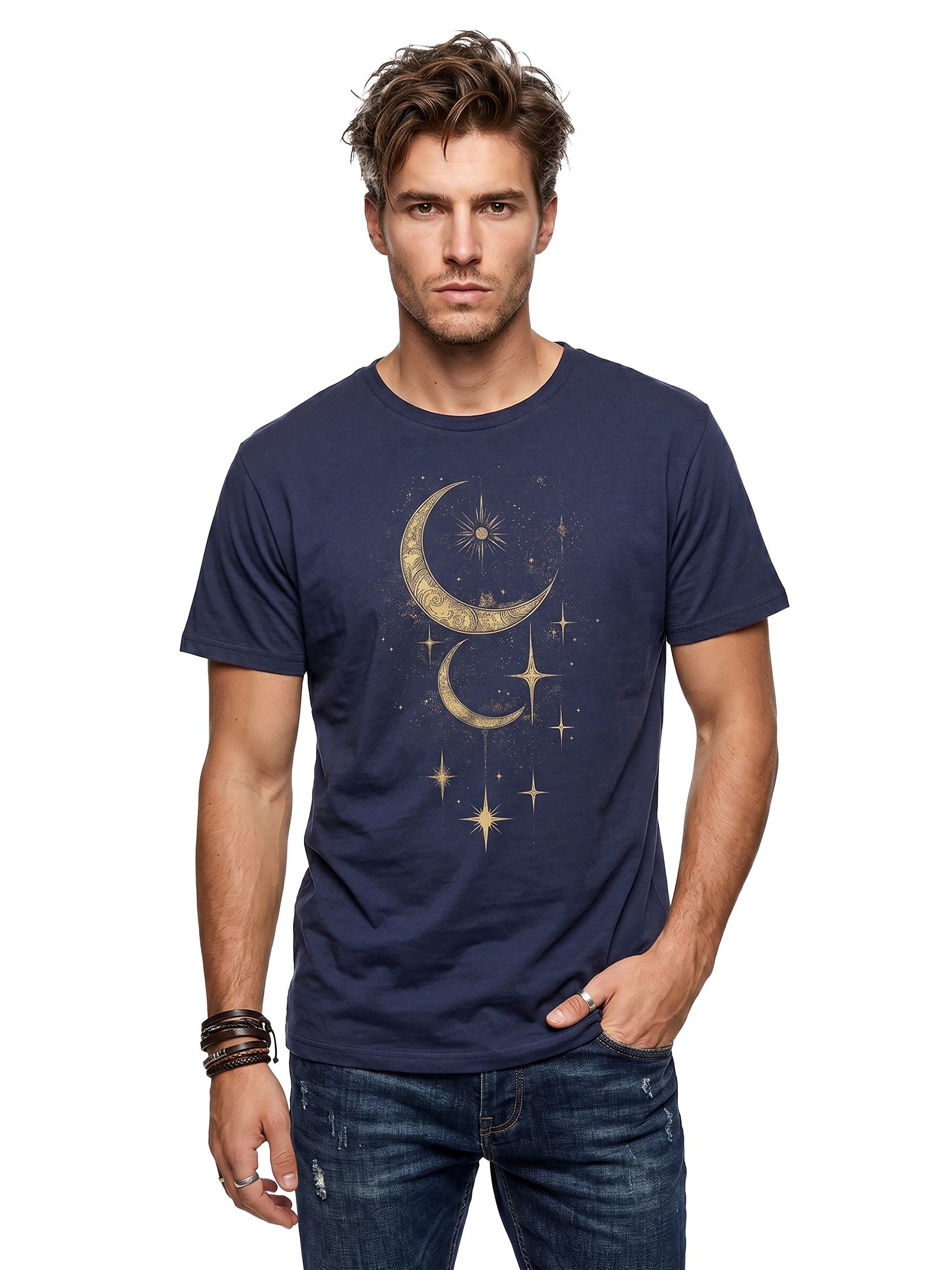 MAKAYA Kurzarmshirt Herren Sonne Mond Sterne Astronomie T-Shirt für Männer (Schwarz, Blau, Grau, Blaugrau, Grün, Lila, S, XL, 3XL, 4XL, 5XL, L, M, XXL) Baumwolle