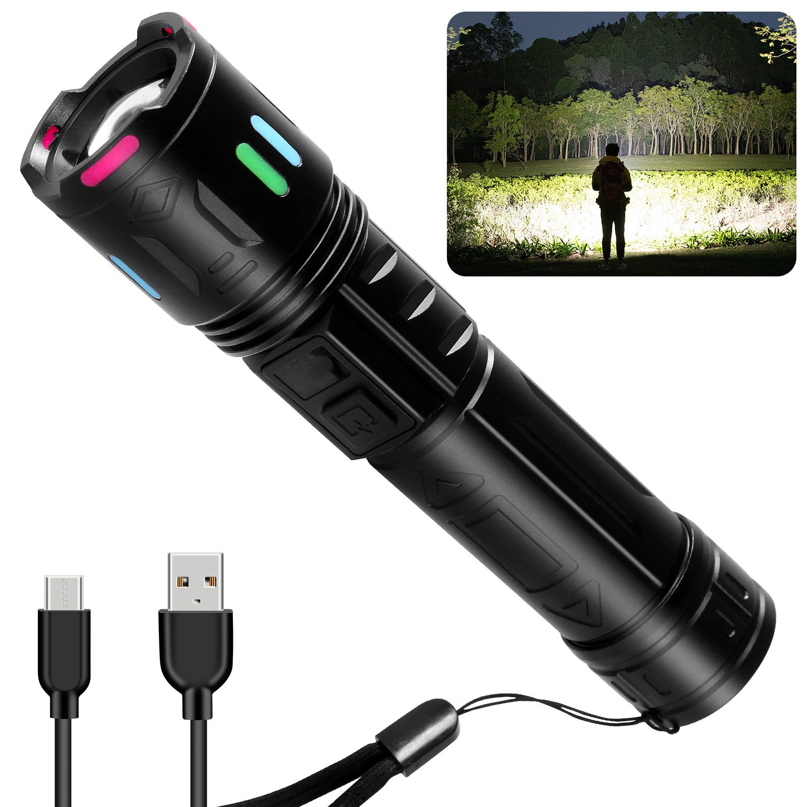 Elegear LED Taschenlampe Zoombare Taschenlampen mit starkem Licht & Campinglampe für Wandern (1-St), Camping Licht mit 5 Modi, Taschenlampe mit Akku, Campingzubehör