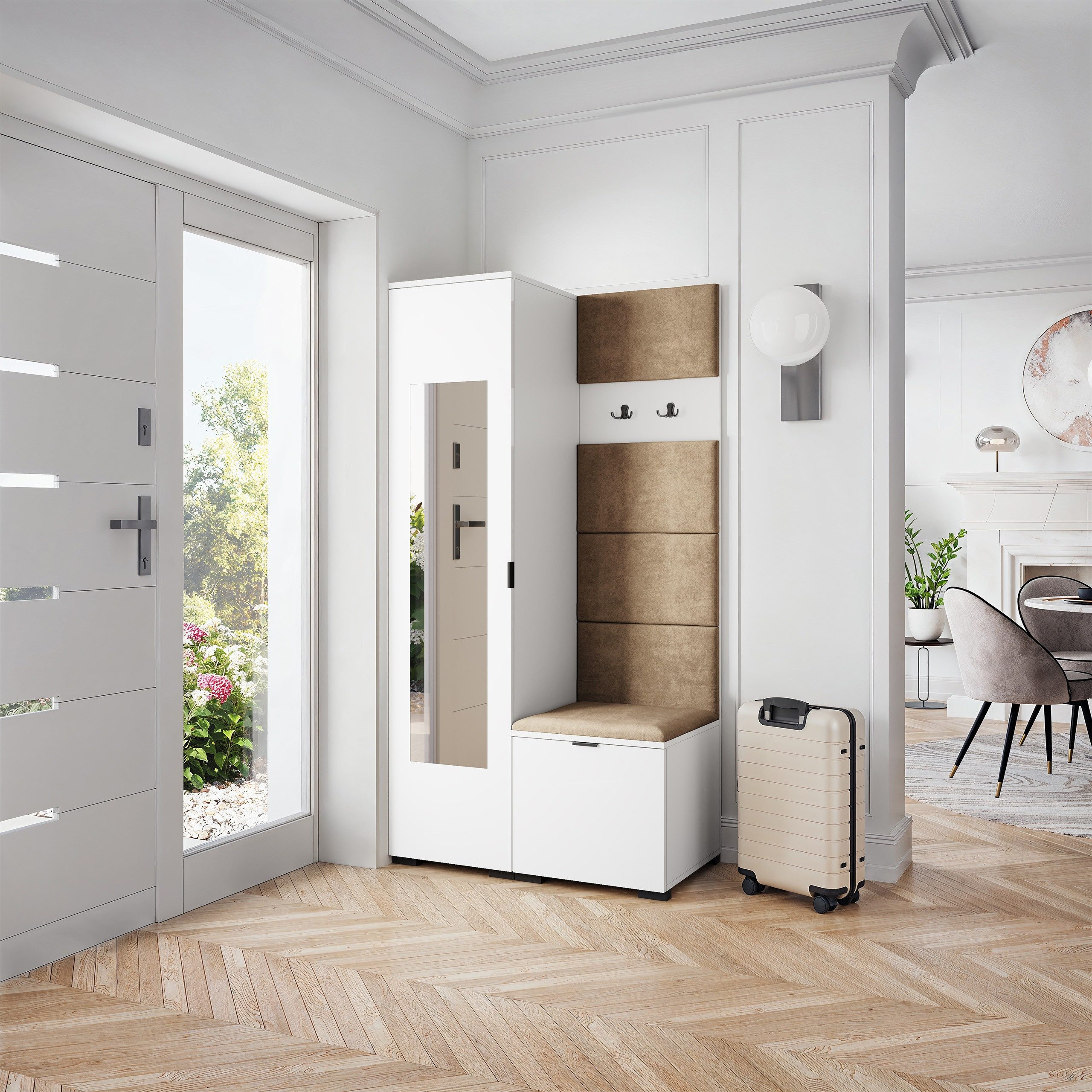 Masseno Garderobenschrank VIRA 95 x 181 cm Garderoben-Set mit Spiegel und 1 Türen Weiß
