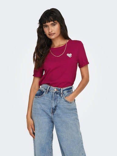 LOGO GLITTER Cerise ONLKITA T-Shirt NOOS Print:SILVER HEART TOP S/S ONLY