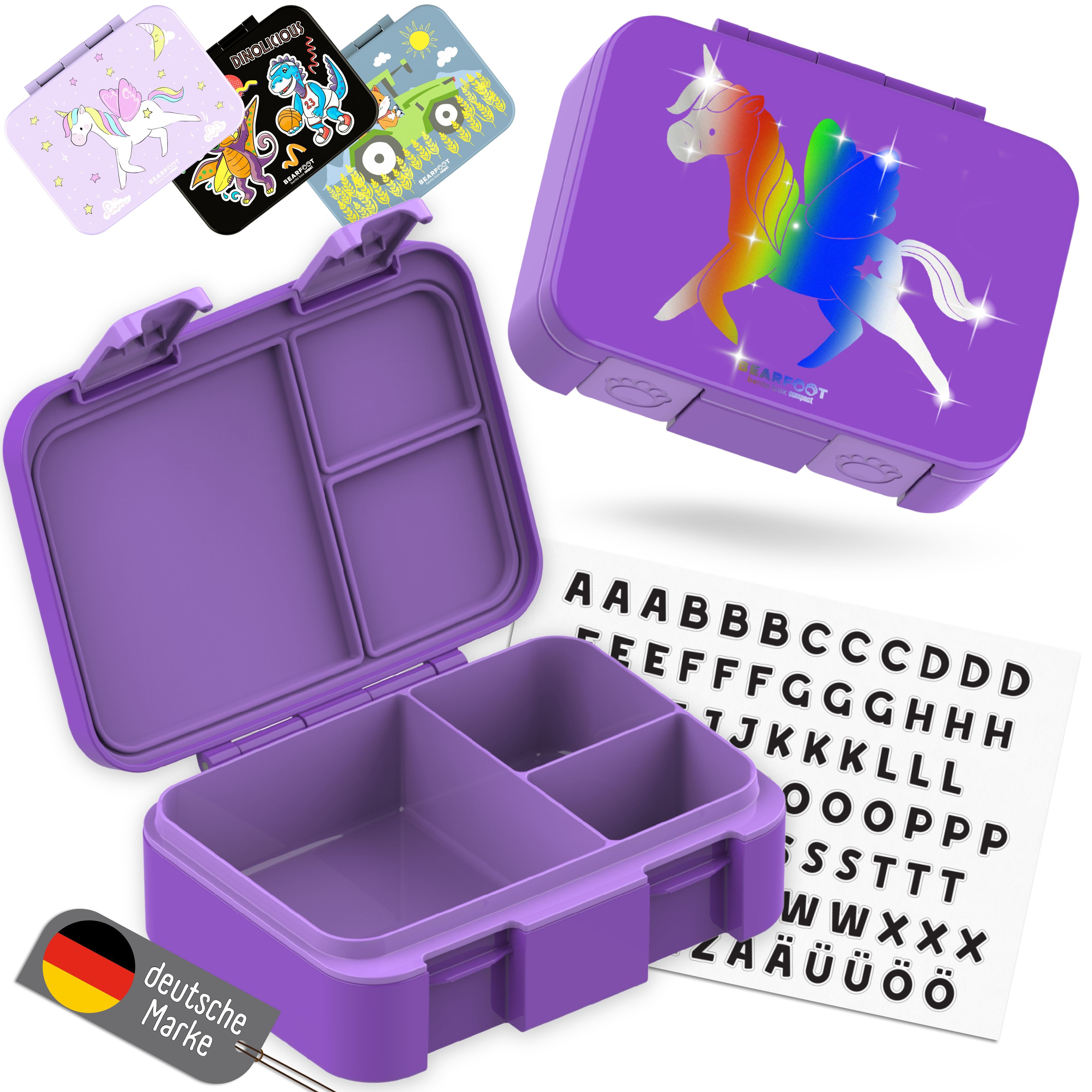 BEARFOOT Lunchbox Brotdose mit Fächern, leicht & auslaufsicher - Einhorn GLOW, PP, ABS, Silikon, Kindergarten und Schule - Mädchen und Jungen, Vesperbox, Snackbox