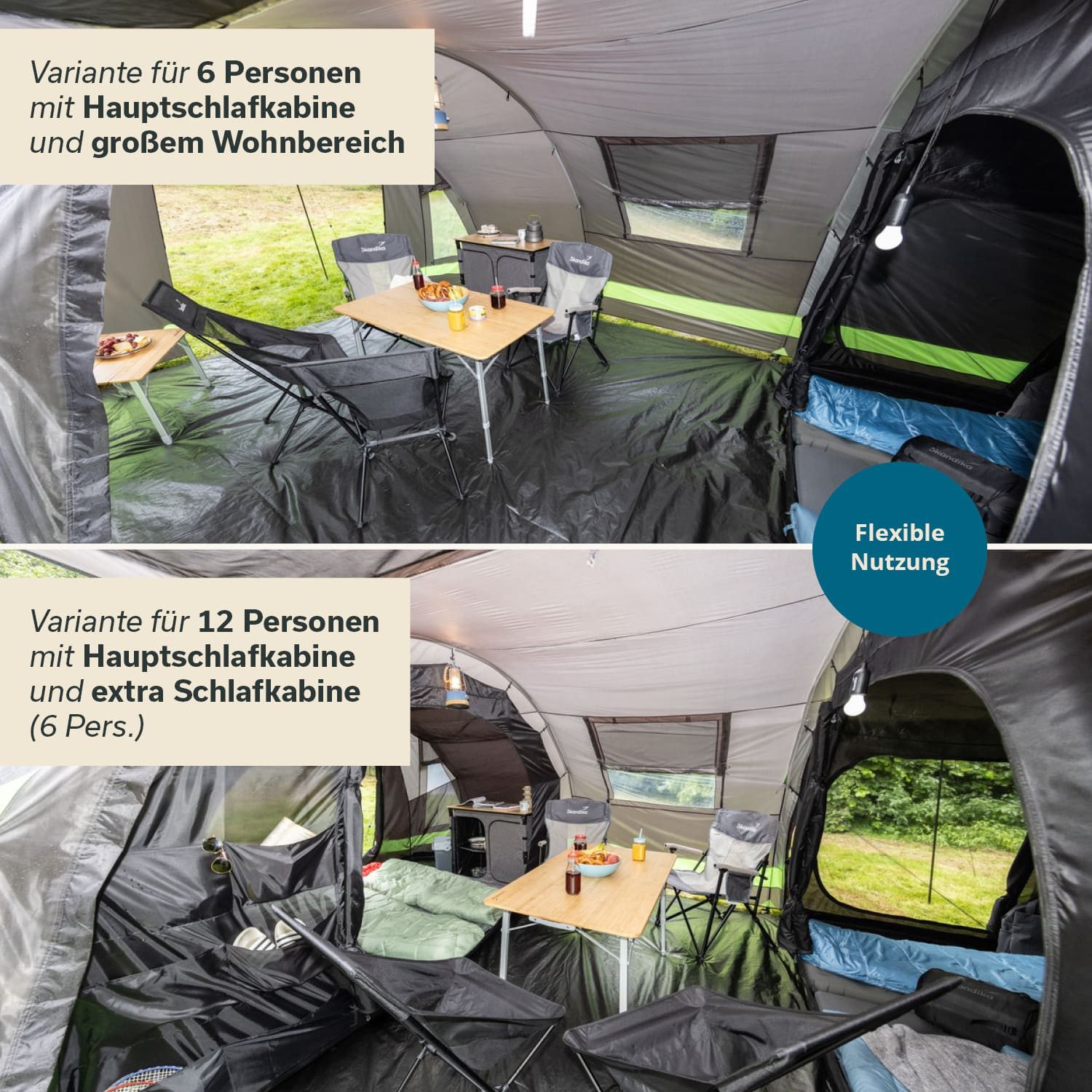 Skandika Tunnelzelt Kambo 12 Familienzelt, dunkler Schlafkabine, 3 Eingänge, Tragetasche, Personen: 12 (Separater Eingang zur Schlafkabine, Haken für Lampenaufhängung), Wasserdicht, 3000 Wassersäule, Moskitonetz an Schlafkabine und Fenster