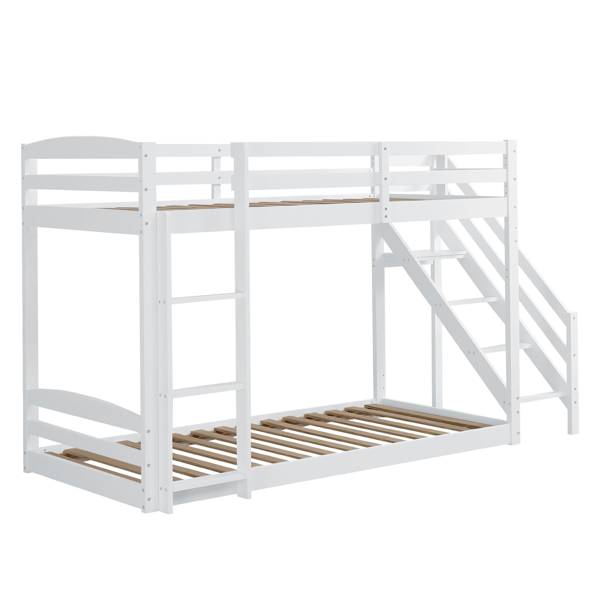 Etagenbett Massivholz, zwei 90×200 Ulife mit Weiß Sicherheitstreppen, cm Kinderbett