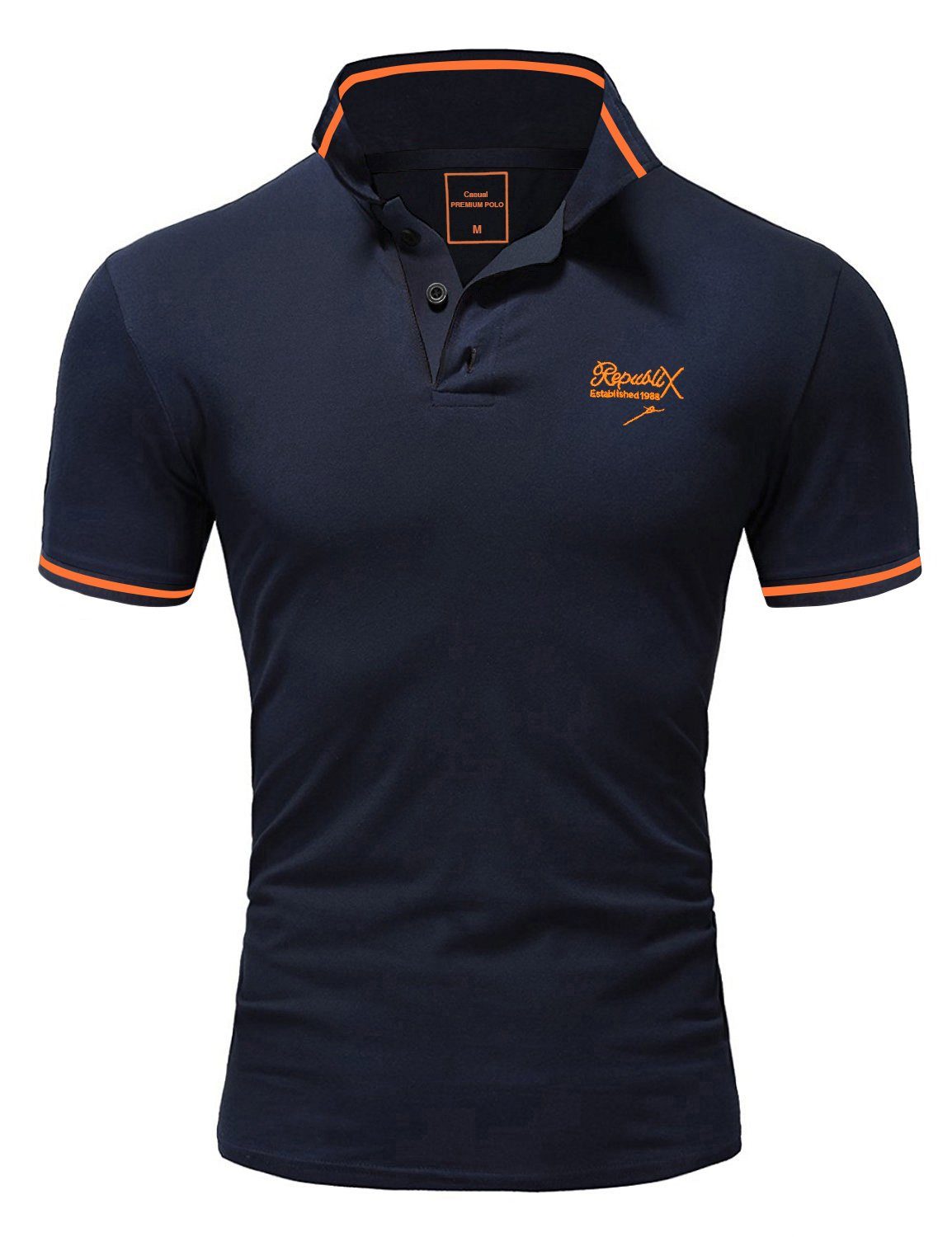 REPUBLIX Poloshirt GABRIEL Herren Basic Kurzarm Kontrast Polo Hemd Navyblau/Orange