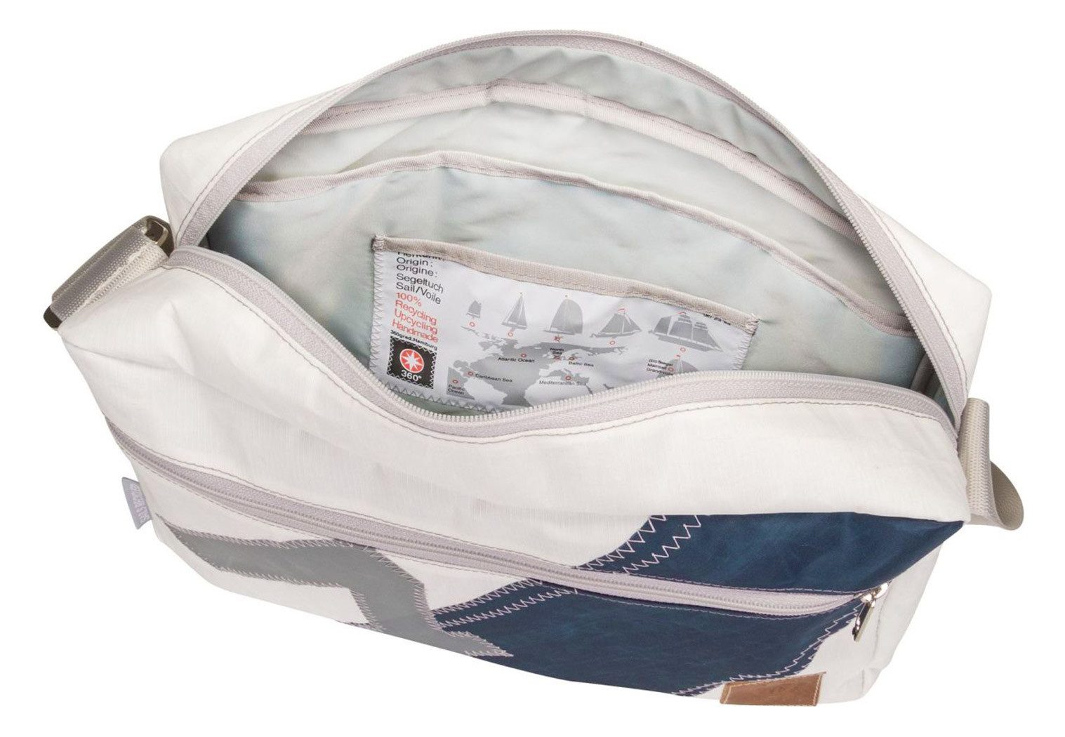 360Grad Schultertasche Umhängetasche Fender L, recyceltes Segeltuch, Weiß/Blau/Grau