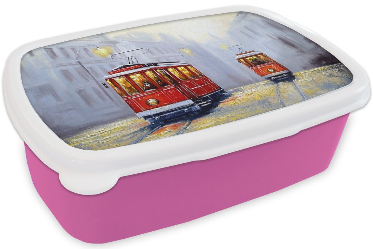 - rosa Brotdose Lunchbox Stadt Kinder, Snackbox, MuchoWow - Kunststoff Mädchen, - Kunststoff, Brotbox Öl, Straßenbahn (2-tlg), Gemälde Erwachsene, für