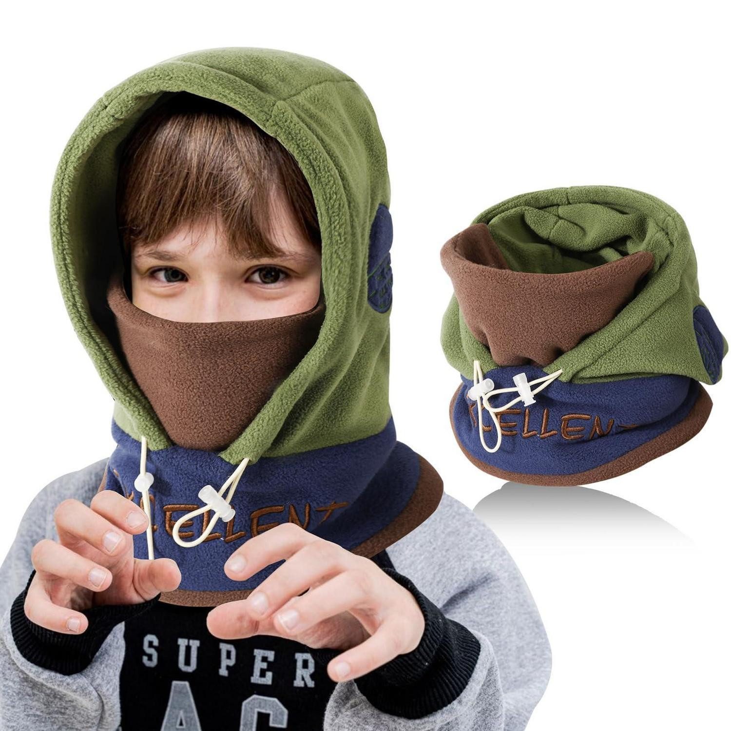 LuxusKollektion Sturmhaube Sturmhaube Kinder 4-12 Winddicht Thermo Fleece Kinnriemen A-Grün