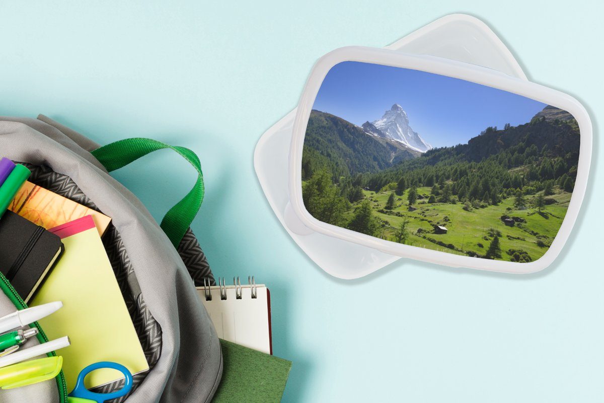 MuchoWow Lunchbox Schweizer Alpen Brotdose, Matterhorn Kinder für Erwachsene, Bäumen, (2-tlg), mit im Brotbox für und Mädchen und grünen Jungs Kunststoff, weiß
