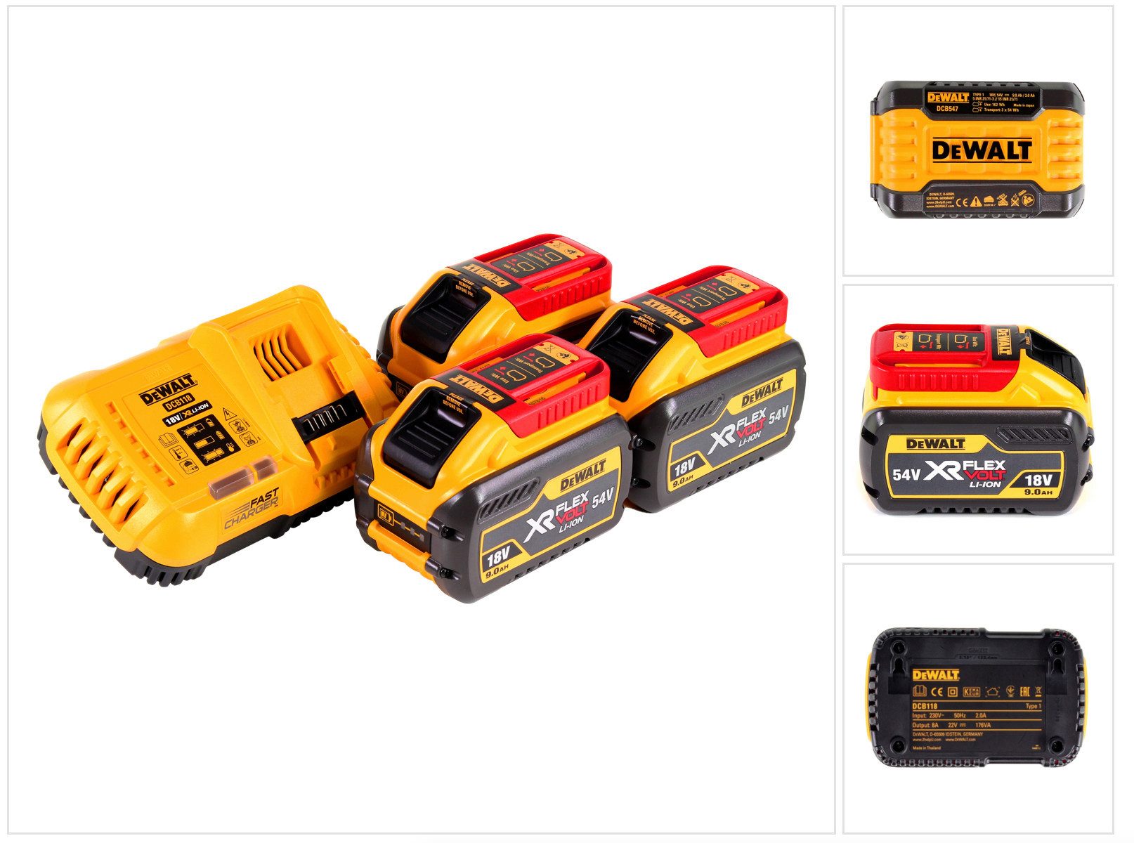 DeWalt DCB 118 X3 FlexVolt 54 V / 18 V Starter Set + 3x DCB 547 Akku 9,0 Ah Akkupacks