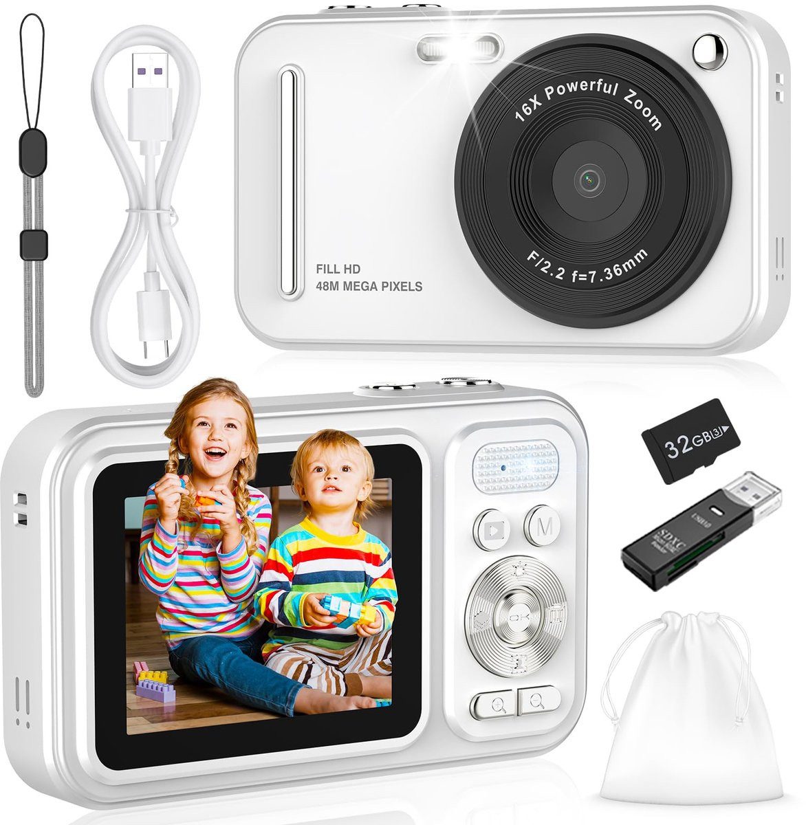 Tekoo Digitalkamera für Einsteiger, 48MP Full HD inkl. 32GB Karte & 16x Zoom Kompaktkamera (HD Autofokus Objektiv, 48 MP, 1x opt. Zoom, inkl. 8-teiliges Komplettset inklusive 32GB Speicherkarte, 48MP Auflösung, Inklusive 32GB Speicherkarte)