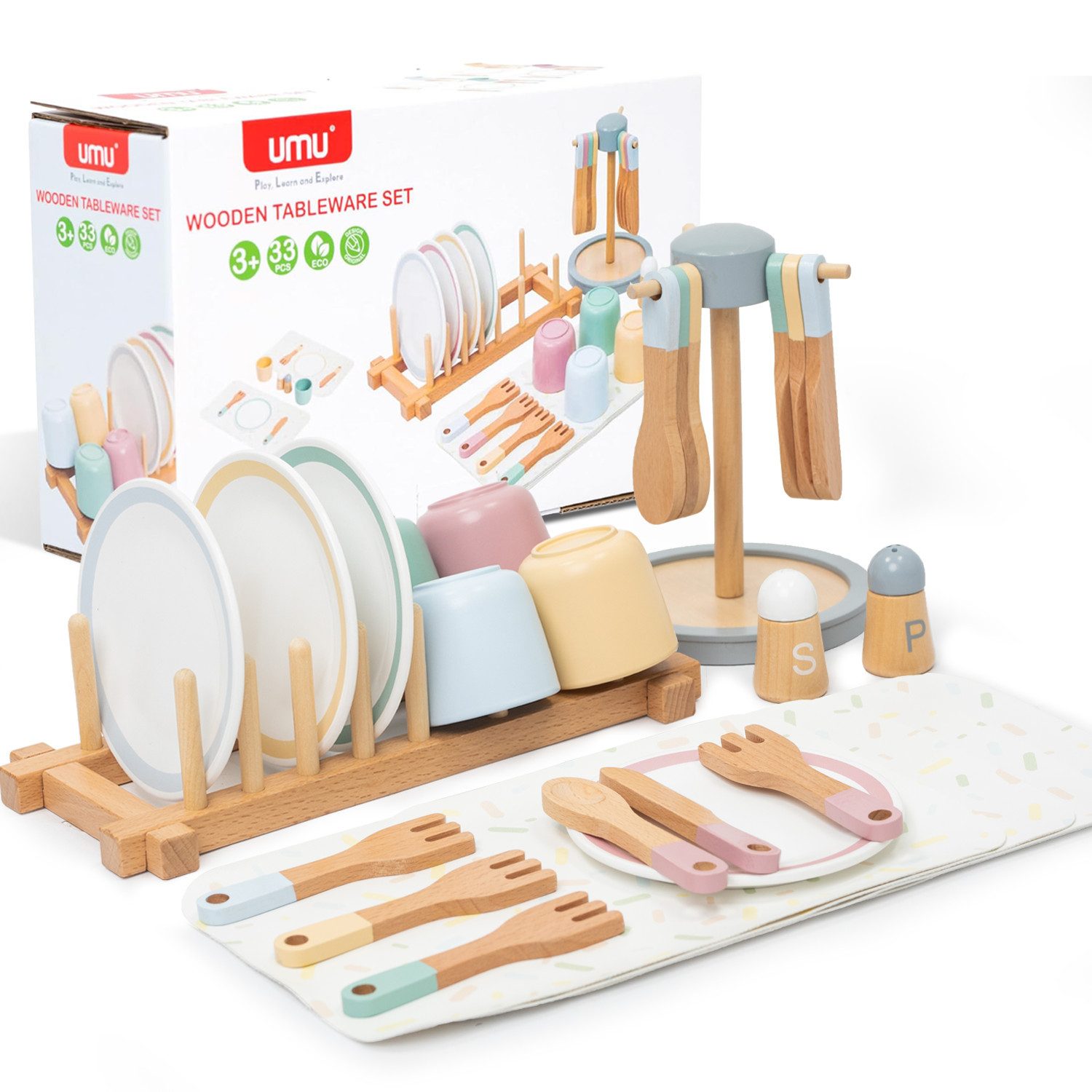 Esun Spielküche Kinderküche Zubehör Holz, 33 St. Geschirrset mit Tassen, Sp günstig online kaufen