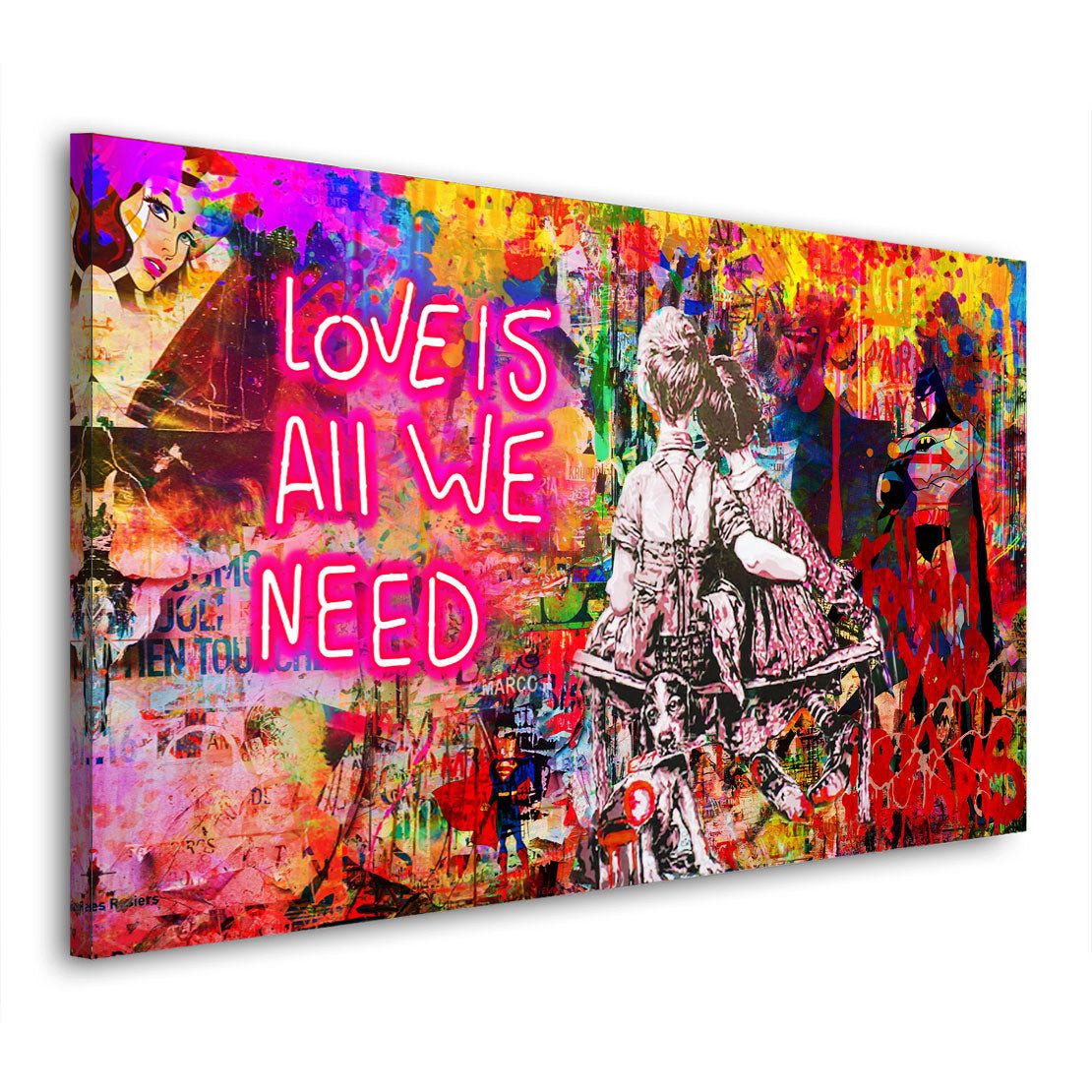 Artedinoi Leinwandbild Pop Street Art Style, Love Is All We Need Leinwandbild Wandbild Kunstd, Schriftzug: Love Is All We Need