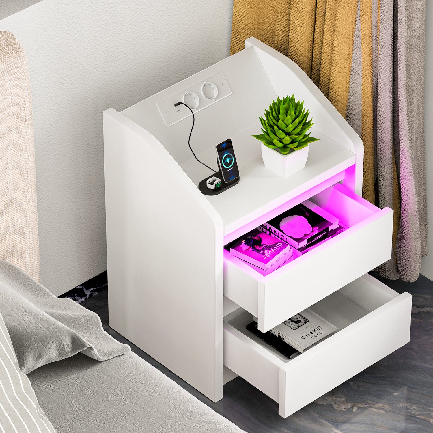 oyajia Nachttisch mit LED-Licht, Beistelltisch und Ladestation (LED-Beleuch günstig online kaufen