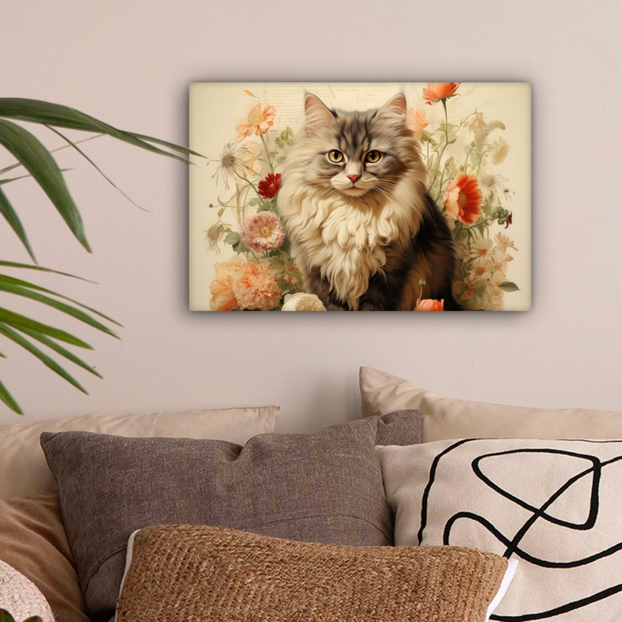 St), Weiß - - Aufhängefertig, (1 Katze - Wandbild - Leinwandbild OneMillionCanvasses® Vintage Tiere, cm Wanddeko, Natur 30x20 Leinwandbilder, - Blumen