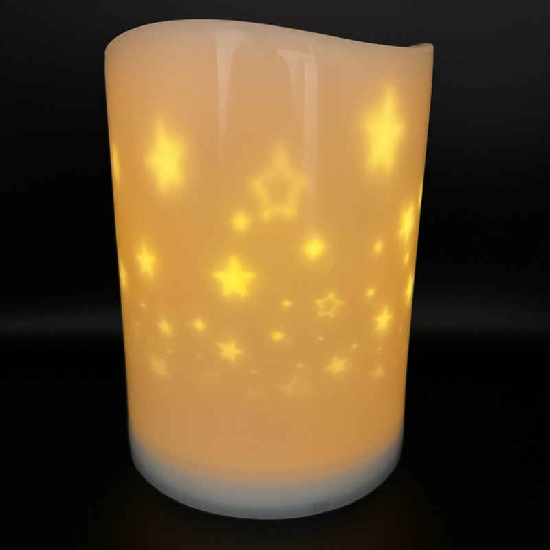 Online-Fuchs LED-Kerze XL mit rotierendem Sternenmuster und Timerfunktion, Bodenkerze (20 cm groß, Weiß, Creme), Outdoor geeignet