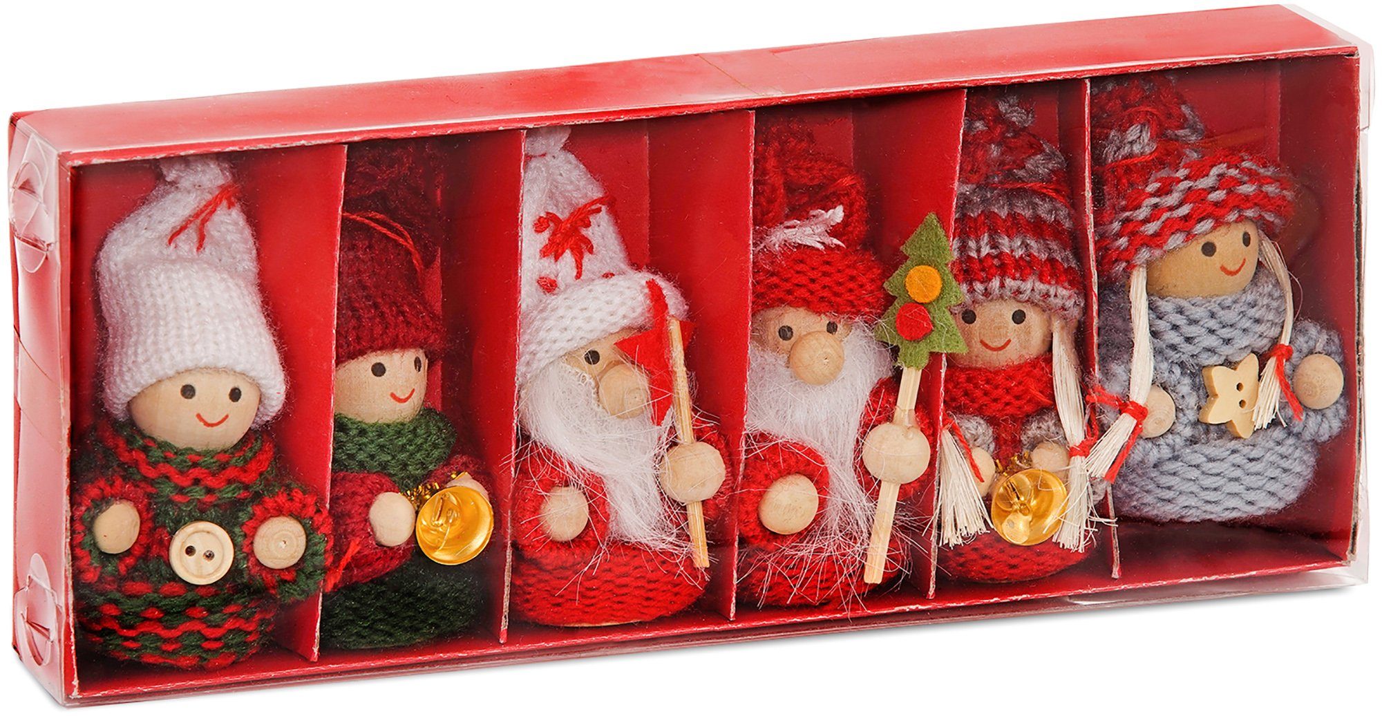 BRUBAKER Christbaumschmuck Weihnachtswichtel Set, Winterkinder (6-tlg), Weihnachtsanhänger aus Holz und Strick, 8 cm hoch, Baumschmuck in Geschenkbox, Baumanhänger Weihnachten