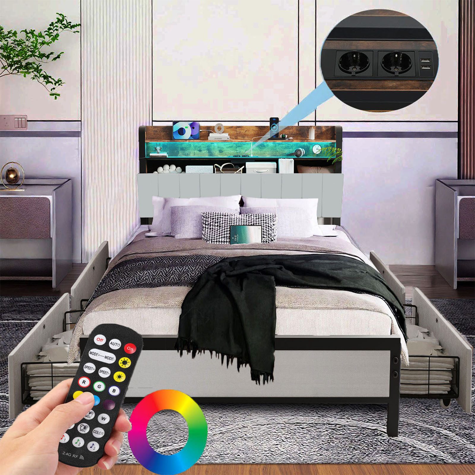 oyajia Polsterbett Doppelbett 140x200 cm, LED Polsterbett mit Kopfteil und günstig online kaufen