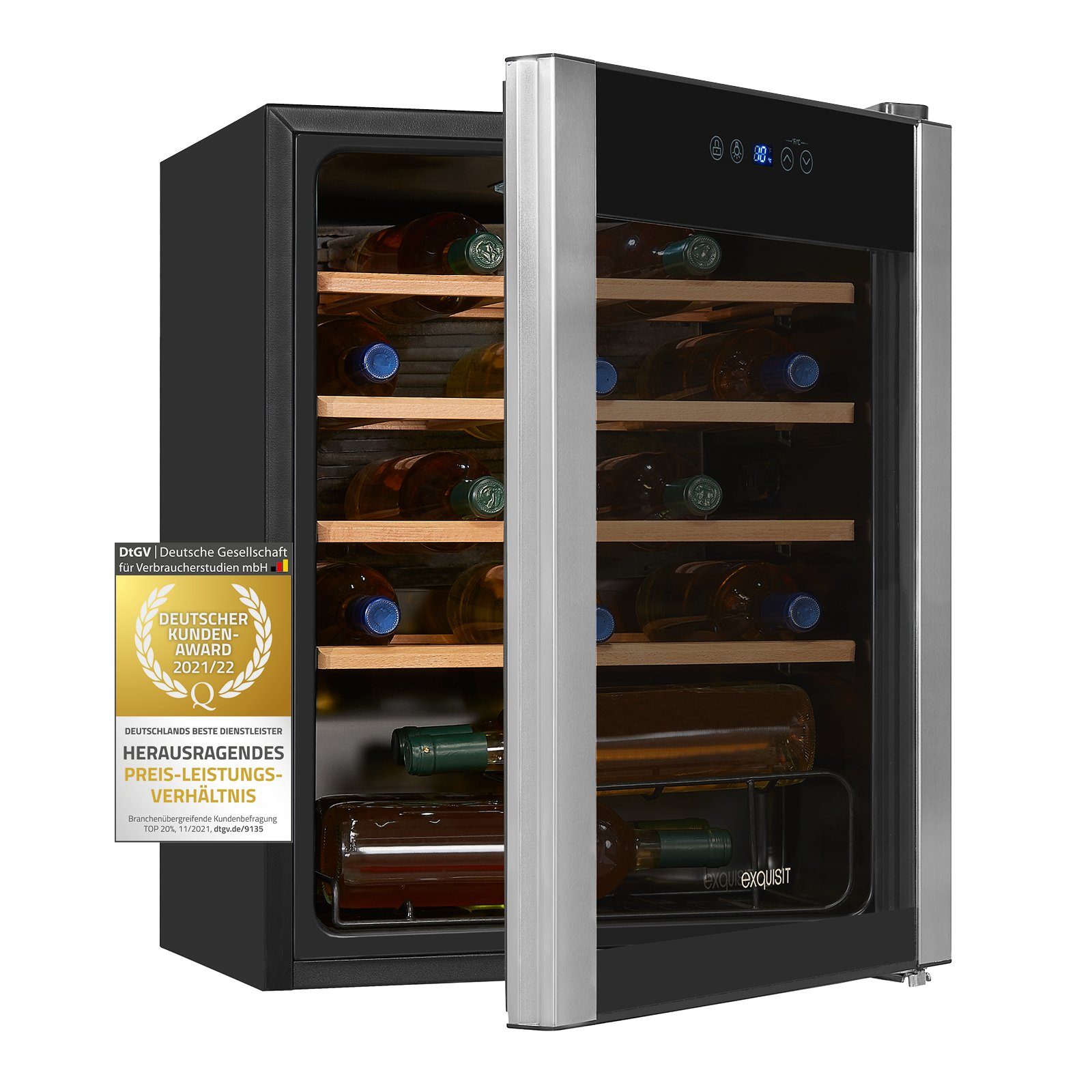 exquisit Weinkühlschrank WS1-24-GTE-030G, für 24 Standardflaschen á 0,75l,  flexible Kühlung Ihre Weine mit digitaler Kontrolle und LED-Beleuchtung | Getränkekühlschränke