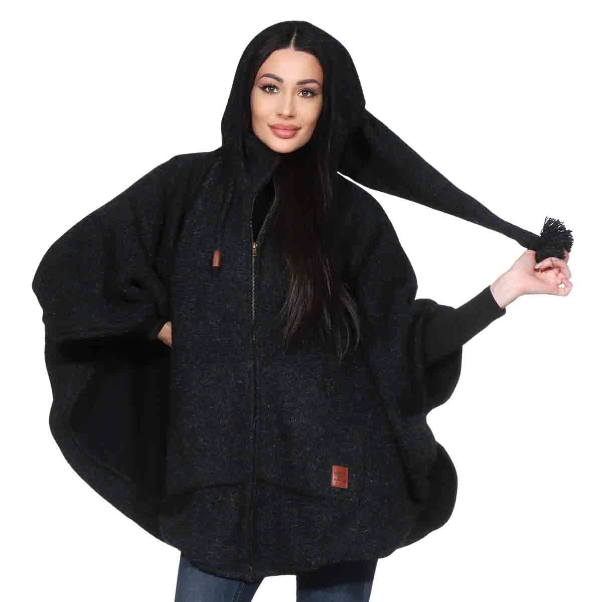 KUNST UND MAGIE Strickcape Damen Strickponcho Cape Mantel Wolle mit Zipfelkapuze & Fleecefutter