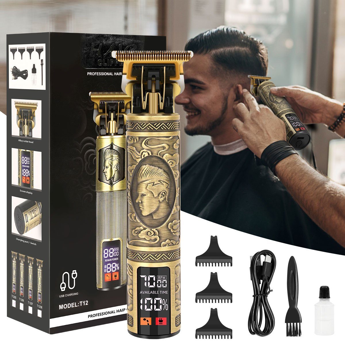 7Magic Haar- und Bartschneider, Haarschneidemaschine Haartrimmer Barttrimmer, Konturenschneider für Männer mit 3 Kamm und LED Anzeige MD-1205