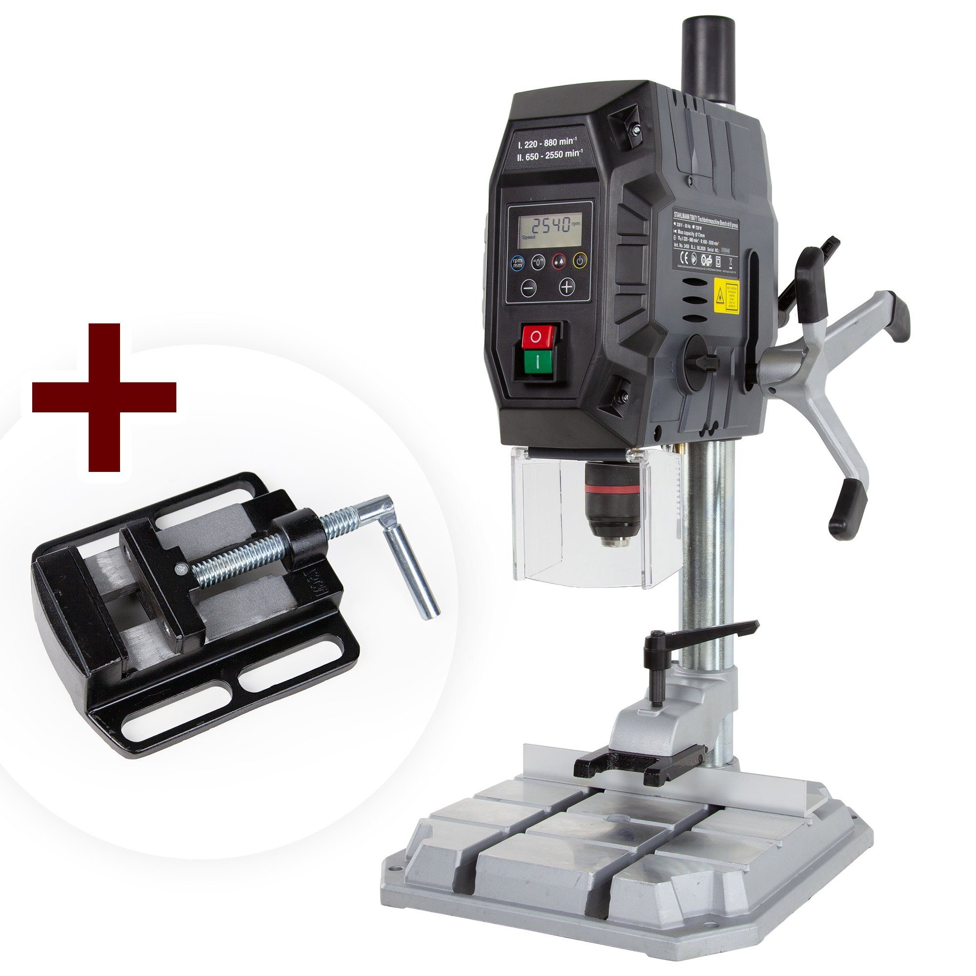 Stahlmann Tischbohrmaschine STAHLMANN Tischbohrmaschine TB071 - Standbohrmaschine mit Digitaldisplay, Laser, Arbeitslicht, 720W, inkl. Schraubstock - Ständerbohrmaschine oder Säulenbohrmaschine TÜV/GS geprüft
