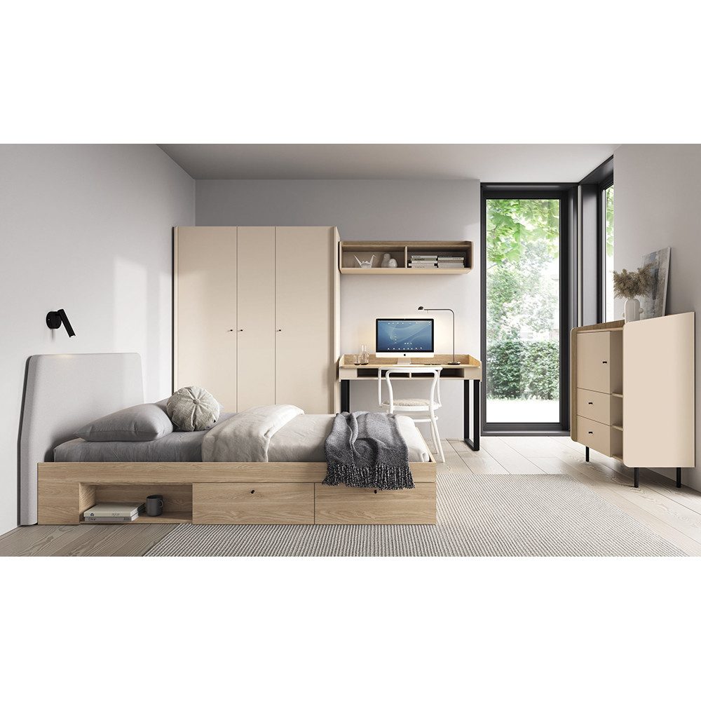 Lomadox Bettgestell ALAMO-133, Eiche Nb. mit grau, 120x200cm, 2 Schubkästen, 1 offenes Fach