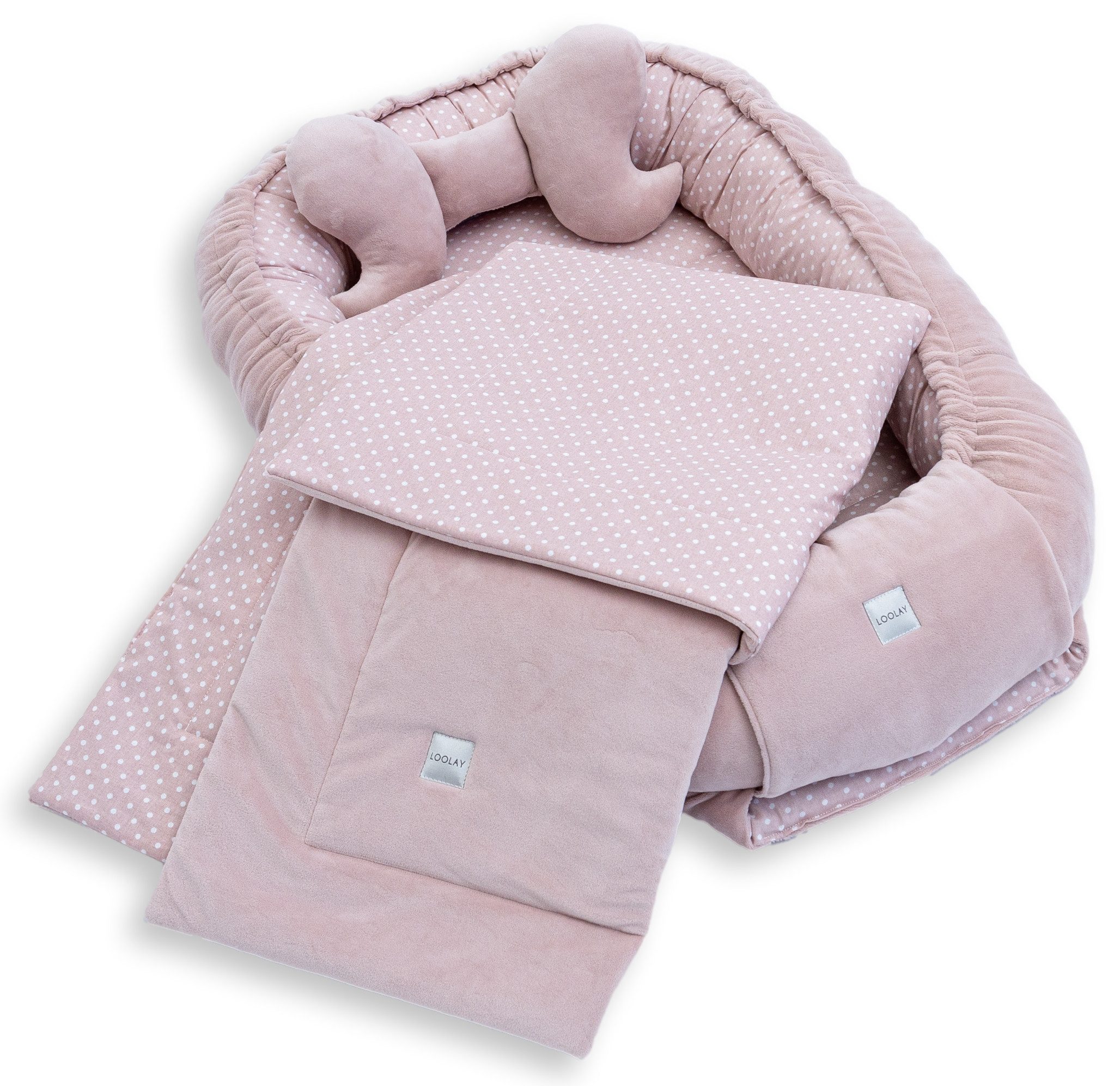 Loolay Kuschelnest BABYNEST + DECKE + Kissen Babyausstattung Baumwolle & Samt Velours, (MUSTER: ROSA Samt Velour/ Mini PUNKTE Rosa, 3-tlg., Liebevoll handgefertigt Nestchen! Geborgenheit Komfort für Neugeborene), Premium Ausstattung - 100% Europäische Sto