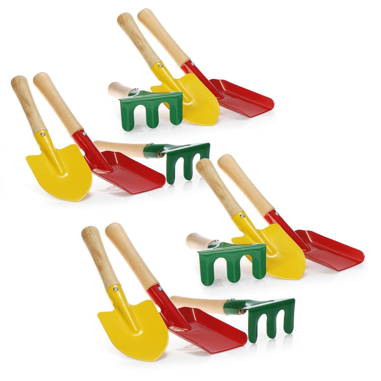 com-four Spielzeug-Gartenset Mini Gartenwerkzeug Set - Großpack Harke, Schaufel und Spaten, (12-tlg), aus robustem Metall und Holz - perfekt für Gartenarbeit