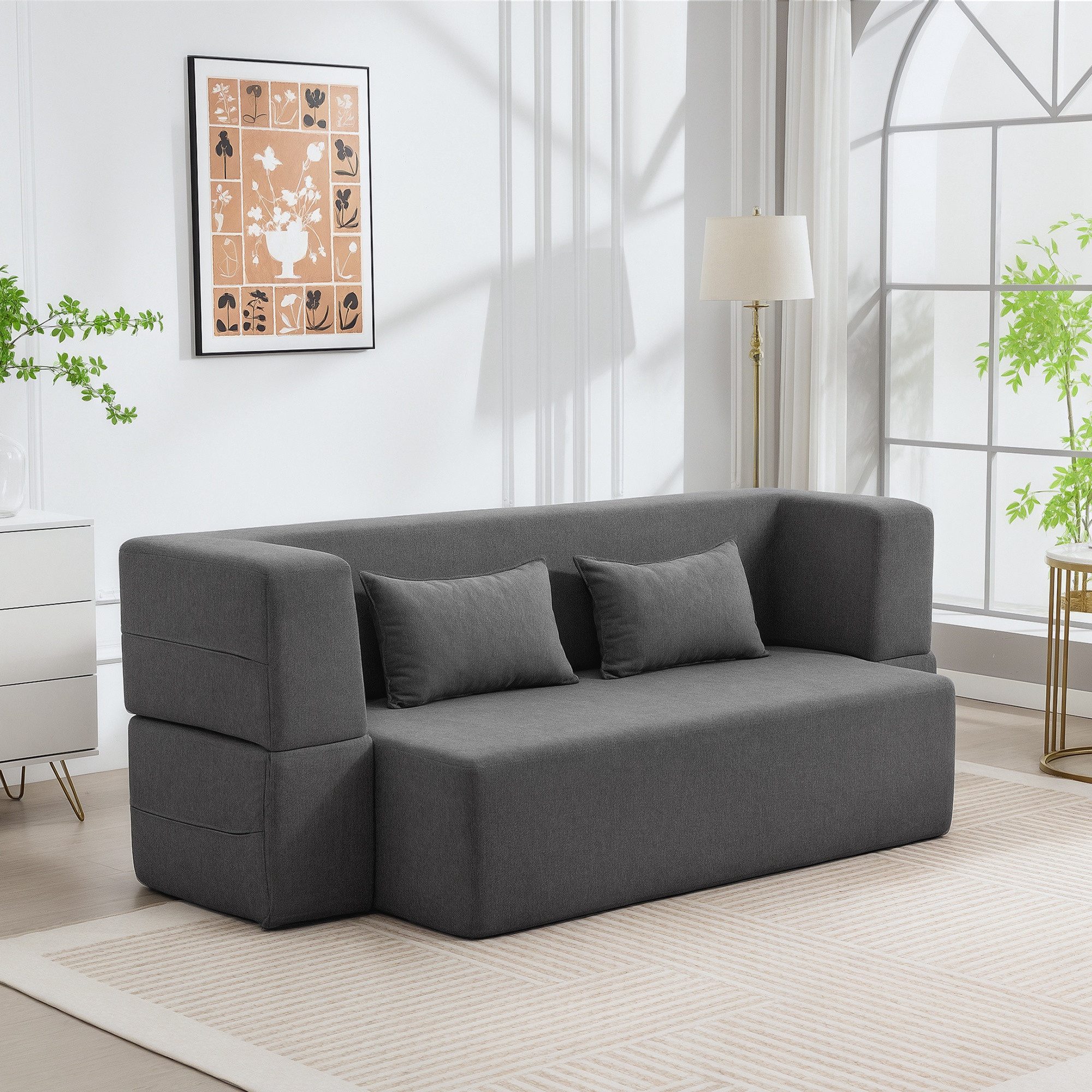 HOMCOM Schlafsofa 2-Sitzer Bodensofa, mit breiten Armlehnen, hochdichtem Schaumstoff, Verstellbare Couch 1 Teile, 2 Kissen, 360 kg Belastbarkeit, Grau