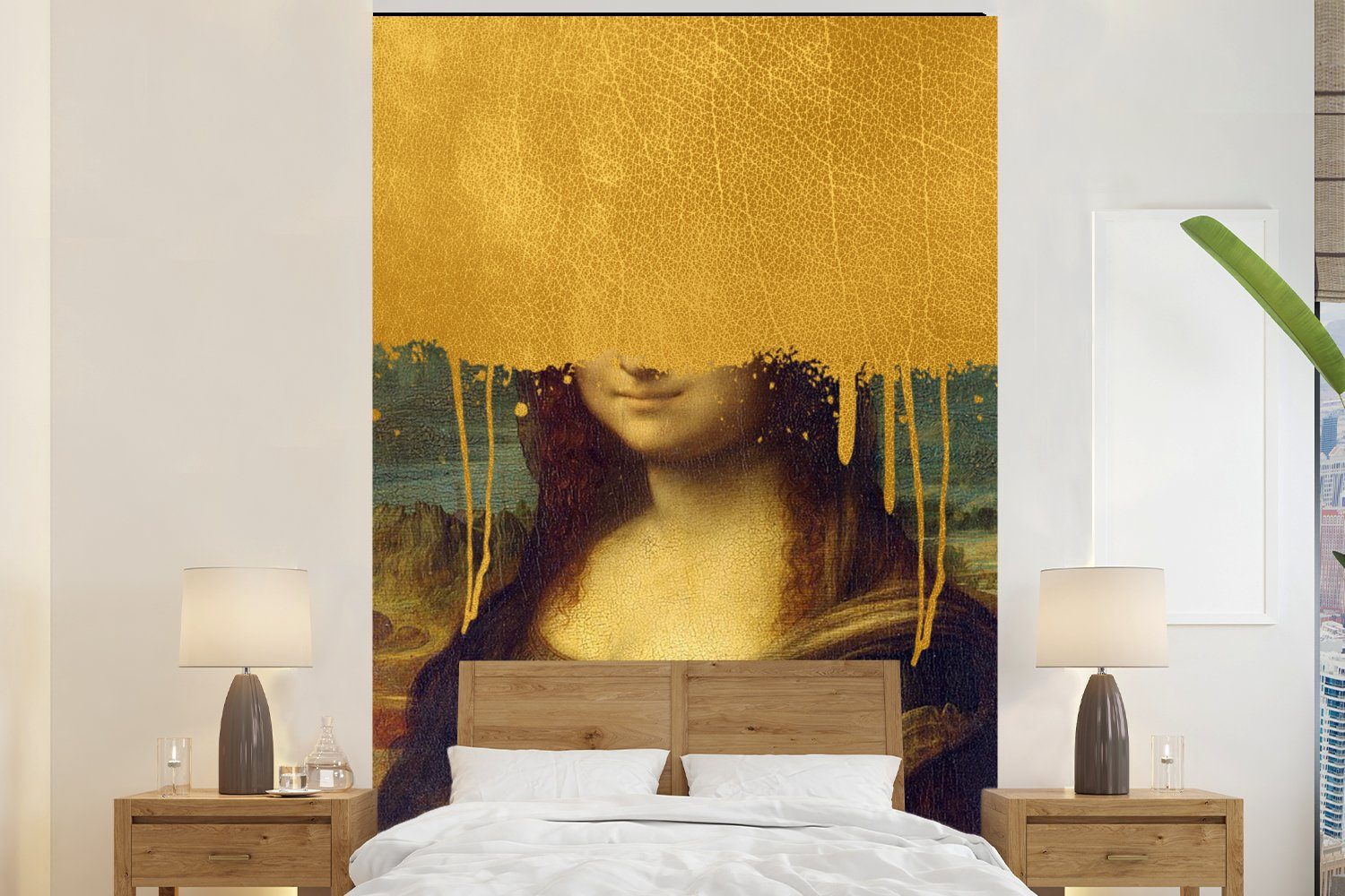 MuchoWow Fototapete Mona Lisa - Da Vinci - Gold, Matt, bedruckt, (3 St), Montagefertig Vinyl Tapete für Wohnzimmer, Wandtapete