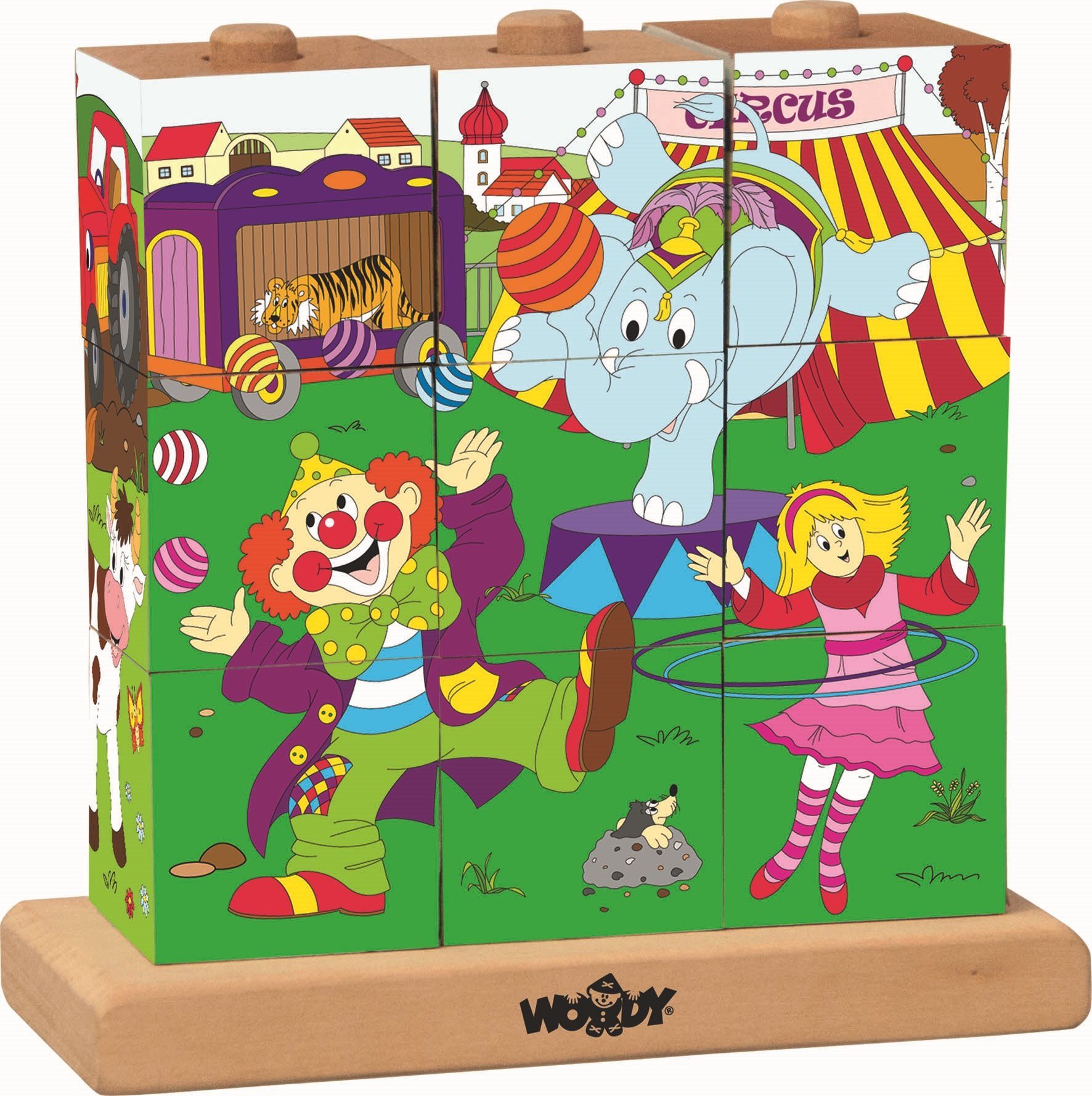 Woodyland Пазлы из кубиков 93053 Holz Пазлы Cubes / Пазлы из кубиков mit 4 Motiven -Thema Zirkus, Пазлыteile, 4-seitig bespielbar