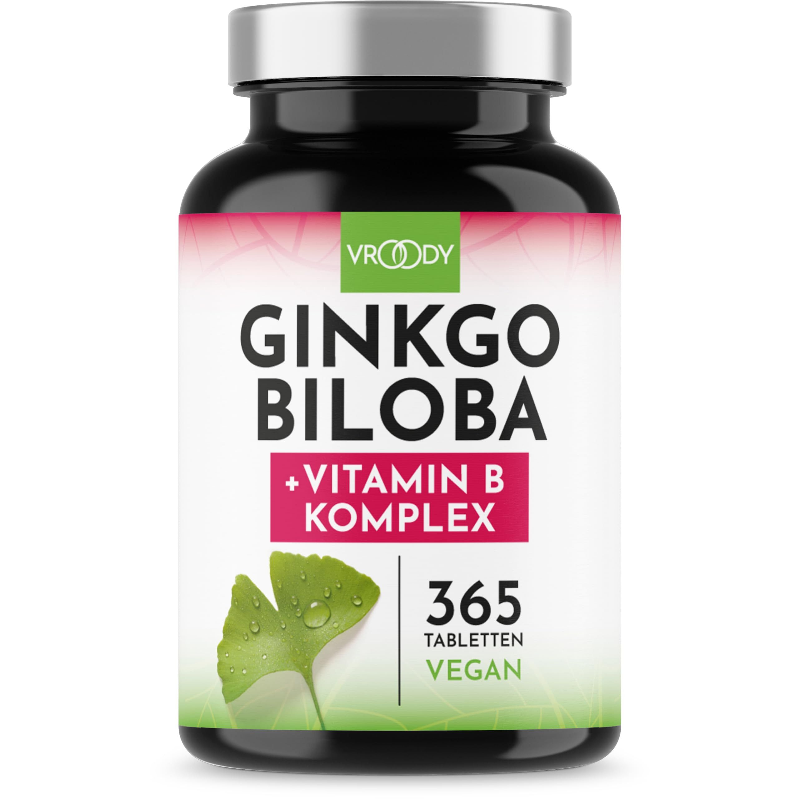 Vroody Ginkgo Biloba 6000mg pro Tablette, 365 Stück - B-Vitamin Power Komplex Kapseln, 365 er Ohne Zusätze, Laborgeprüft, Made in Austria à 64 g